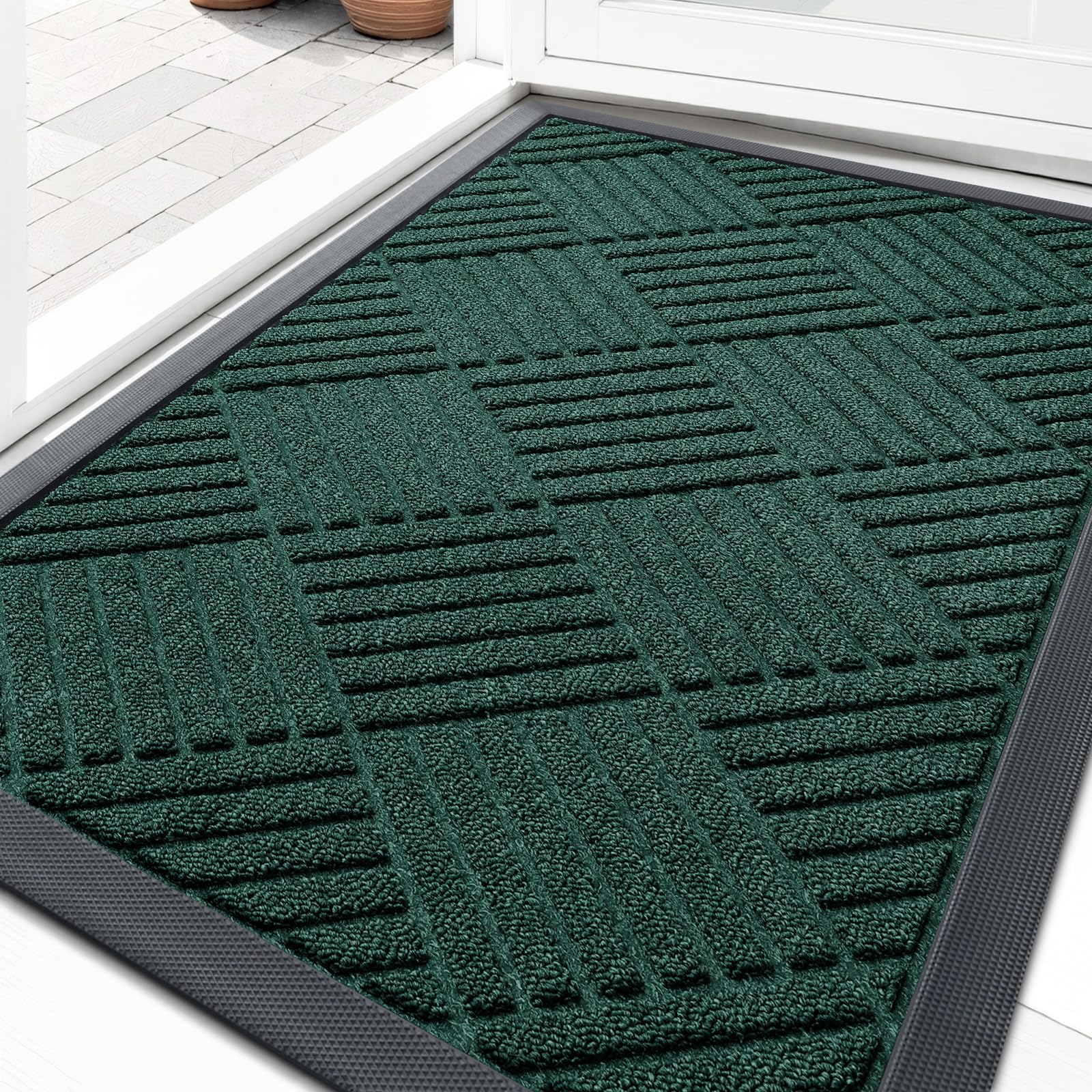 OLANLY Front Door Mat Outside Entrance 29.5x17, Absorbent, Heavy Duty Sturdy Natural Rubber Doormat Indoor Outdoor, Stain and Fade Resistant, Non-Slip Low Profile Floor Mat for Entryway, Grey Diamond