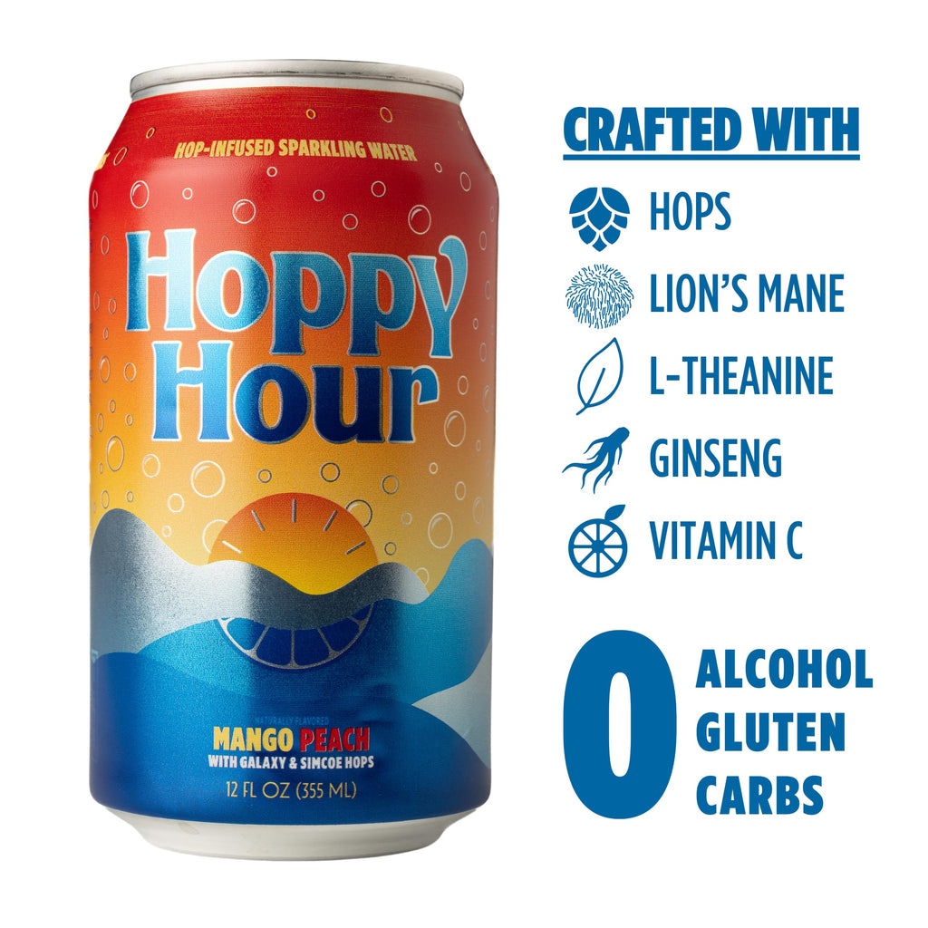 Hoppy Hour Sparkling Hop Water, Non-Alcoholic and Adaptogens Drink, Zero Sugar and Calories, Refreshing Original Citrus Flavor, 12 oz Cans (12-Pack)