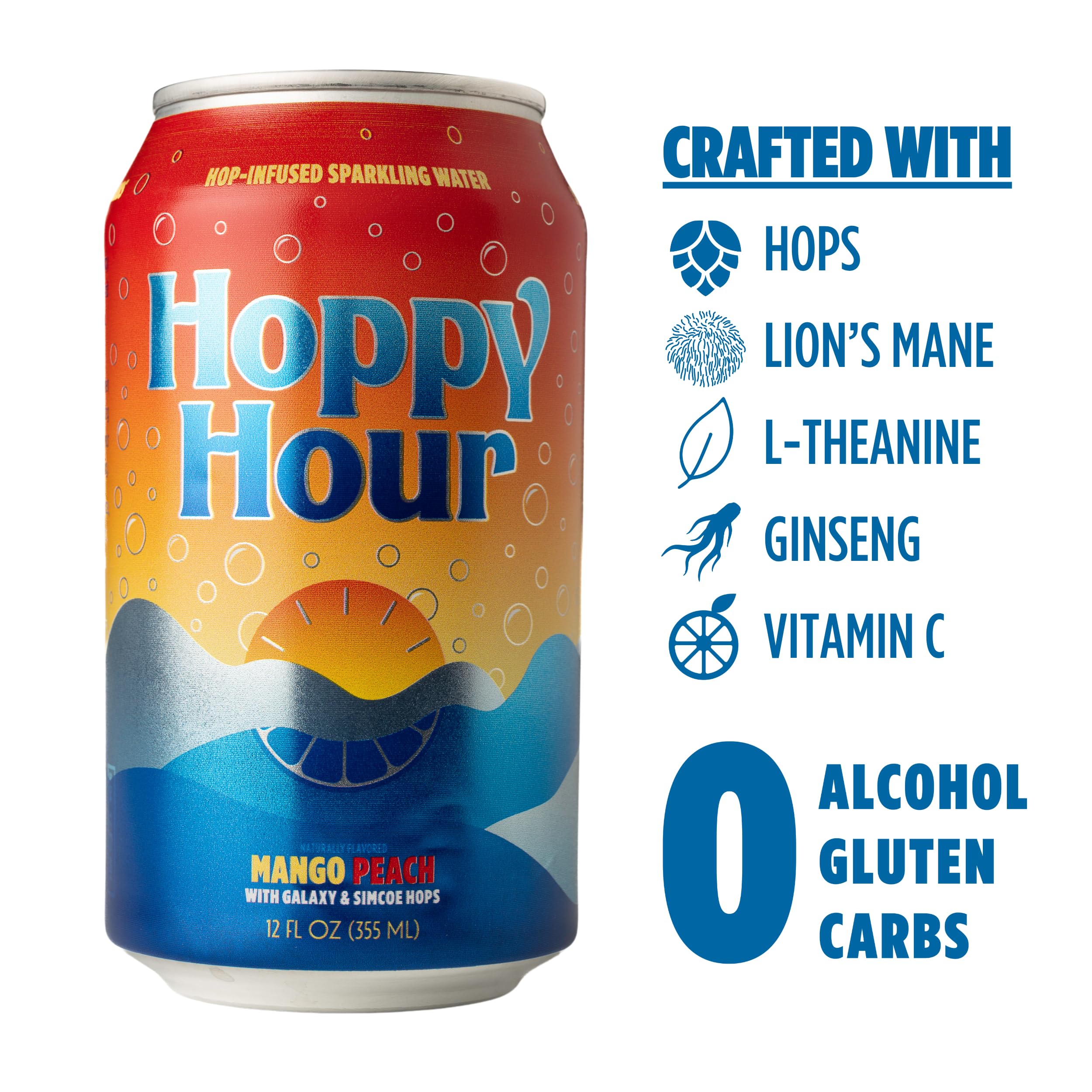 Hoppy Hour Sparkling Hop Water, Non-Alcoholic and Adaptogens Drink, Zero Sugar and Calories, Refreshing Original Citrus Flavor, 12 oz Cans (12-Pack)