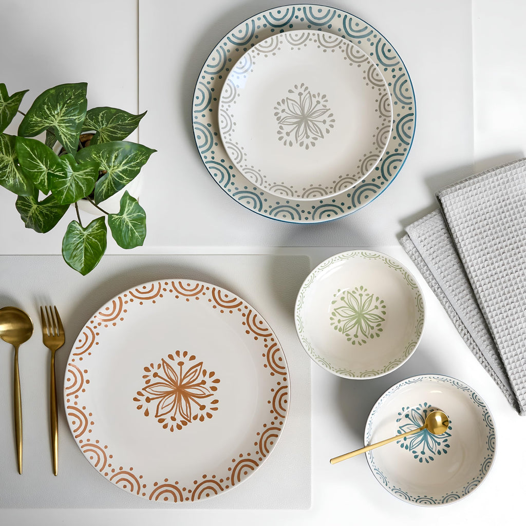 Sango Siterra Painter's Palette 16-Piece Stoneware Dinnerware Set - Service for 4, Ceramic Plates and Bowls Sets, Chip Resistant, Rustic Dishware, Microwave & Dishwasher Safe Kitchen Dishes