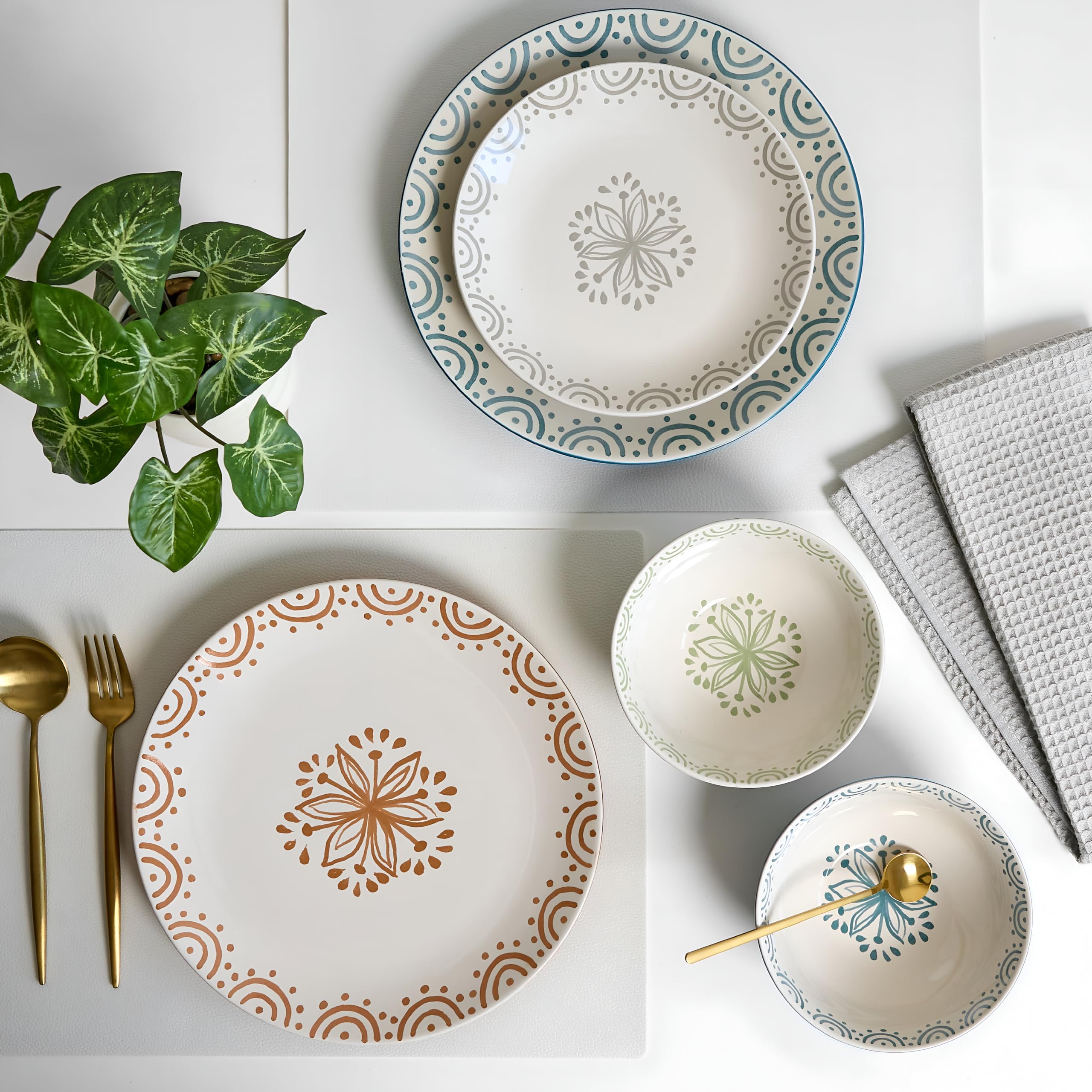 Sango Siterra Painter's Palette 16-Piece Stoneware Dinnerware Set - Service for 4, Ceramic Plates and Bowls Sets, Chip Resistant, Rustic Dishware, Microwave & Dishwasher Safe Kitchen Dishes