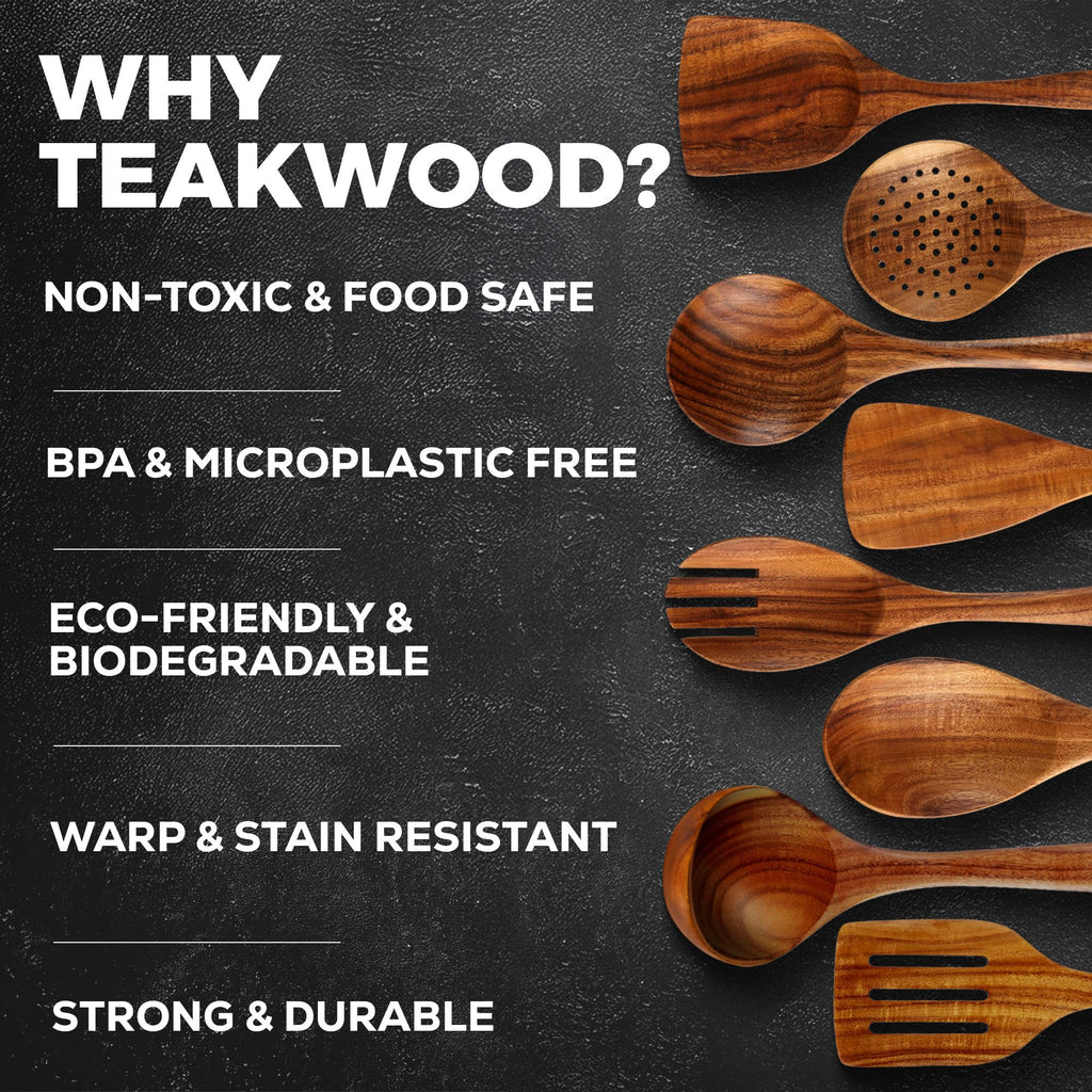 Zulay Kitchen 6 Piece Wooden Spoons for Cooking – Natural Teak Wooden Utensil Set, Easy to Clean, Durable, Smooth with Comfort Grip - Non Toxic Wooden Cooking Utensil Sets