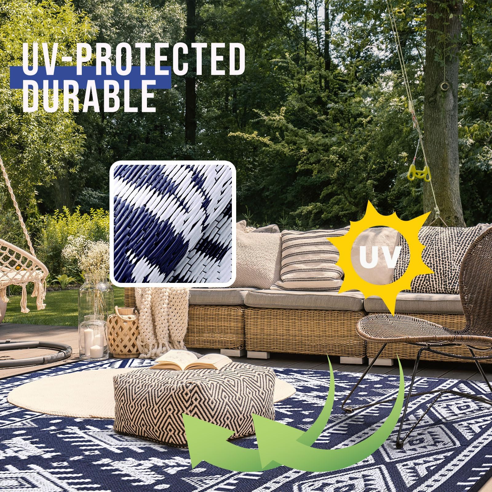 OLANLY Outdoor Rug Waterproof 5x8 ft, Reversible Outdoor Plastic Straw Rug, Boho Patio Rug, Indoor Outdoor Carpet, RV Mat Outside for Patio, Camp, Picnic, Balcony, Deck, Backyard, Black & White
