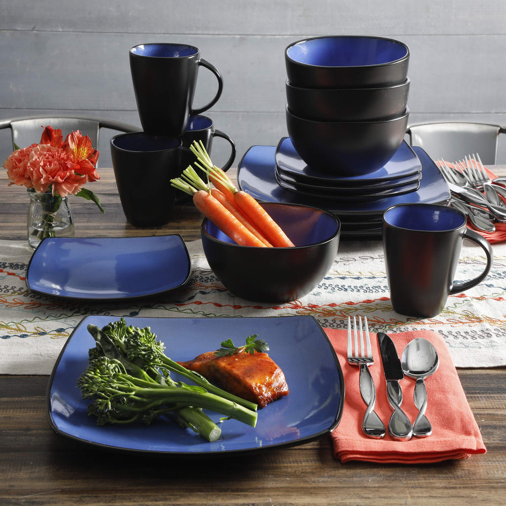 Gibson Elite Soho Lounge Square 16-Piece Dinnerware Set, Service for 4, Reactive Glaze Stoneware Plates and Bowls, Modern Dishes, Microwave & Dishwasher Safe – Red and Black