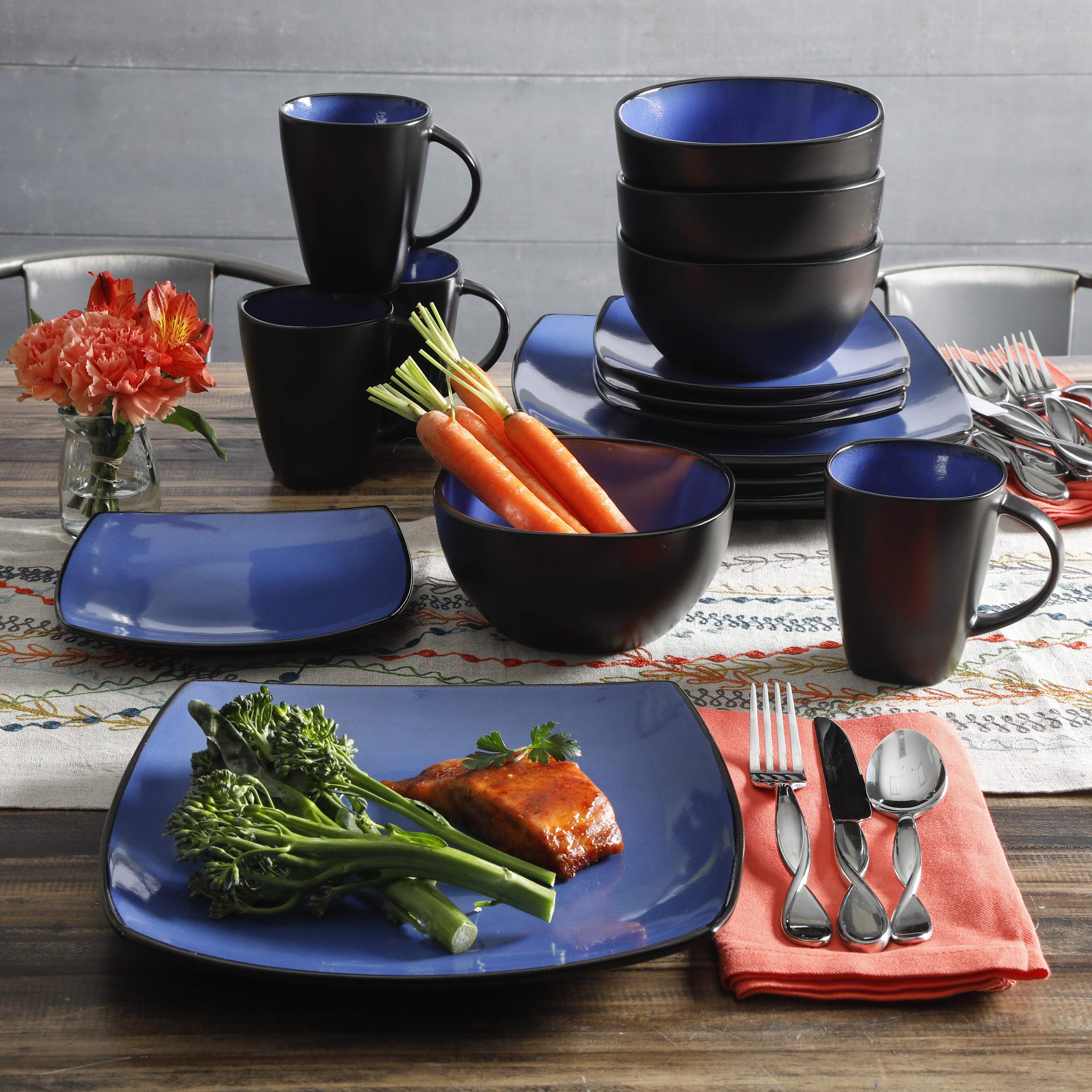 Gibson Elite Soho Lounge Square 16-Piece Dinnerware Set, Service for 4, Reactive Glaze Stoneware Plates and Bowls, Modern Dishes, Microwave & Dishwasher Safe – Red and Black