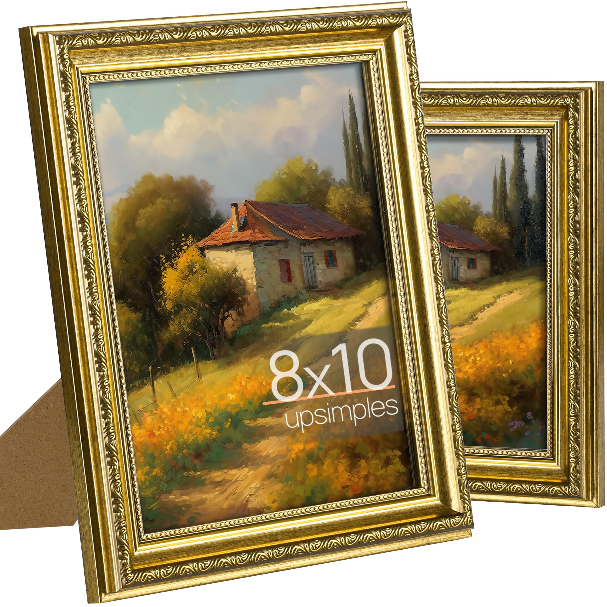 upsimples 5x7 Picture Frame with Real Glass, Ornate Vintage 5 x 7 Photo Frames for Wall Decor or Tabletop Display, Gold, 2 Pack