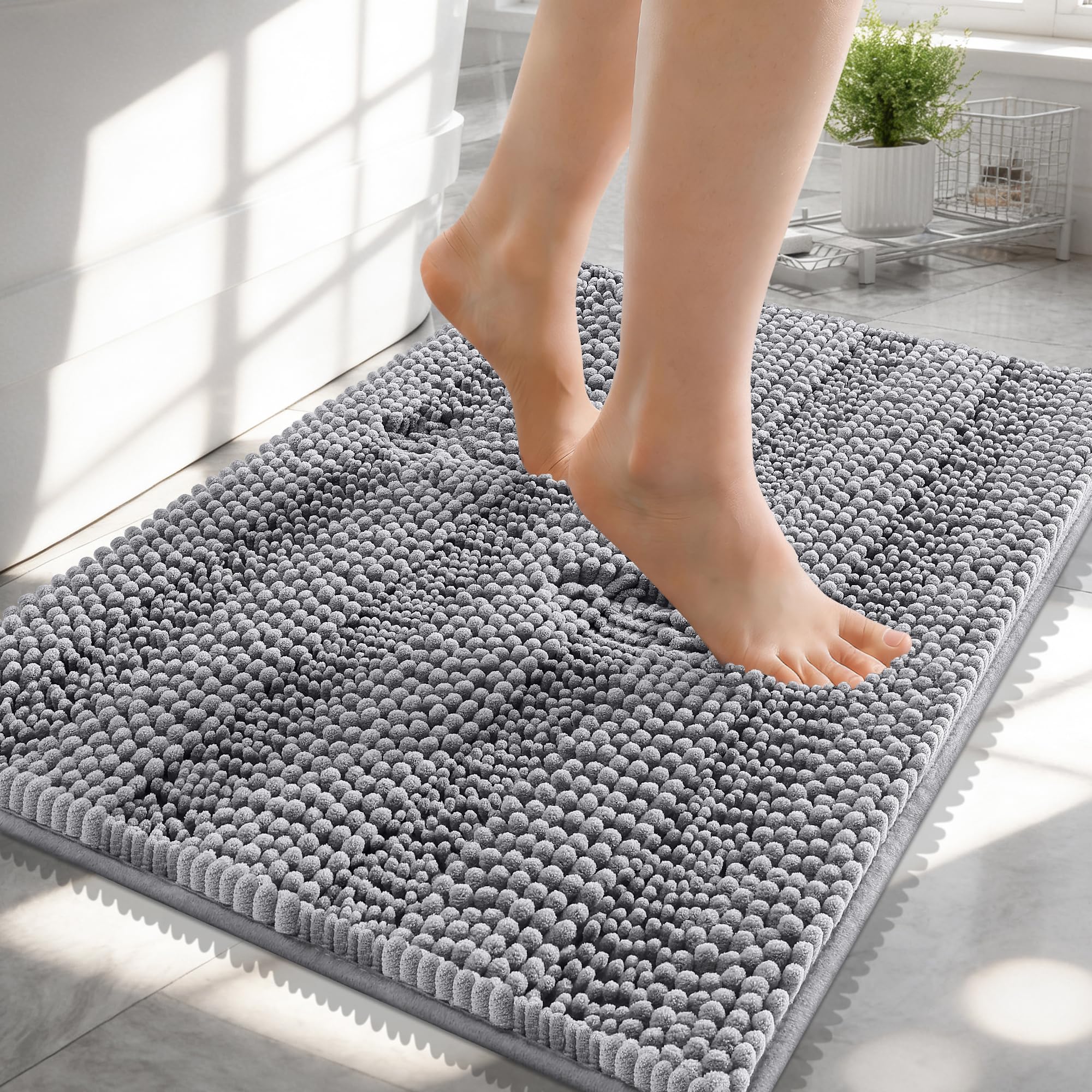 OLANLY Thick Bathroom Rugs 30x20, Extra Soft Absorbent Chenille Striped Bath Rugs, Rubber Backing, Machine Wash Dry, Bath Mats for Bathroom Floor, Tub and Shower, Home Decor Accessories, Grey