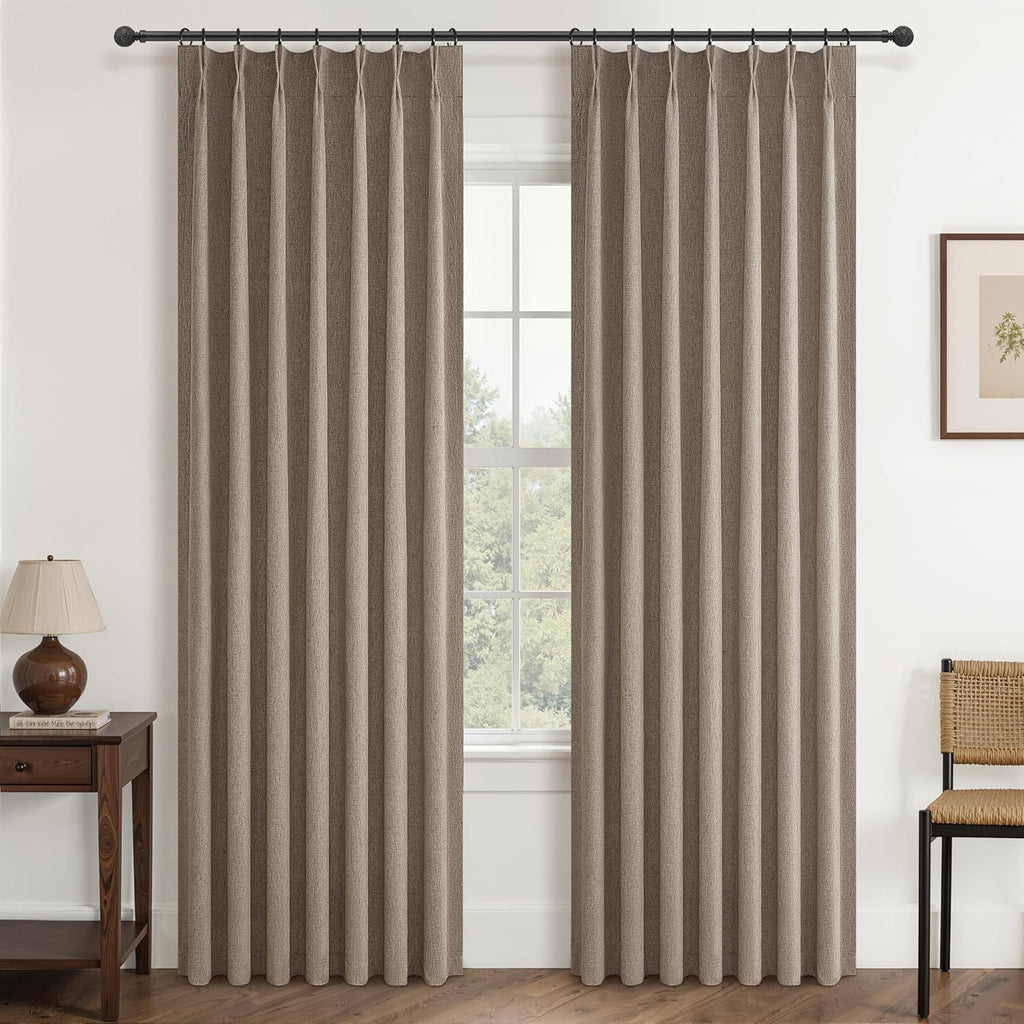Natural Linen Pinch Pleated Blackout Curtains & Drapes 96 Inch Long Bedroom/Livingroom Farmhouse Curtains 2 Panel Sets, Neutral Track Room Darkening Thermal Insulated 8ft Back Tab Window Curtain