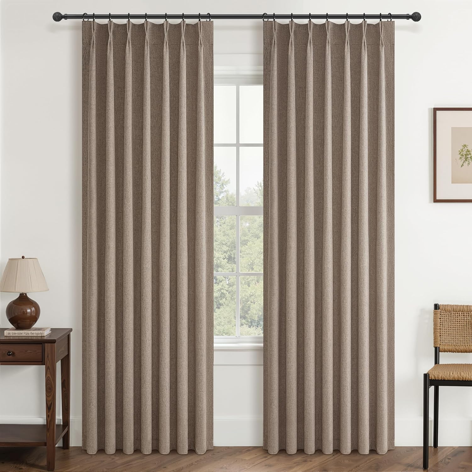 Natural Linen Pinch Pleated Blackout Curtains & Drapes 96 Inch Long Bedroom/Livingroom Farmhouse Curtains 2 Panel Sets, Neutral Track Room Darkening Thermal Insulated 8ft Back Tab Window Curtain