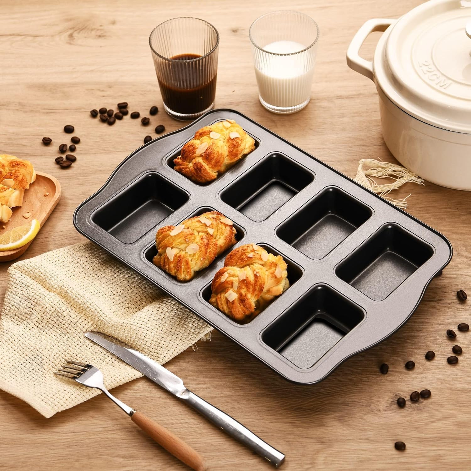 HONGBAKE 2 Pack Mini Loaf Baking Pans 8-Cavity, Nonstick Small Cornbread Pan, Tiny Banana Bread Pan Set, Heavy Duty Brownie TIn, Dark Grey