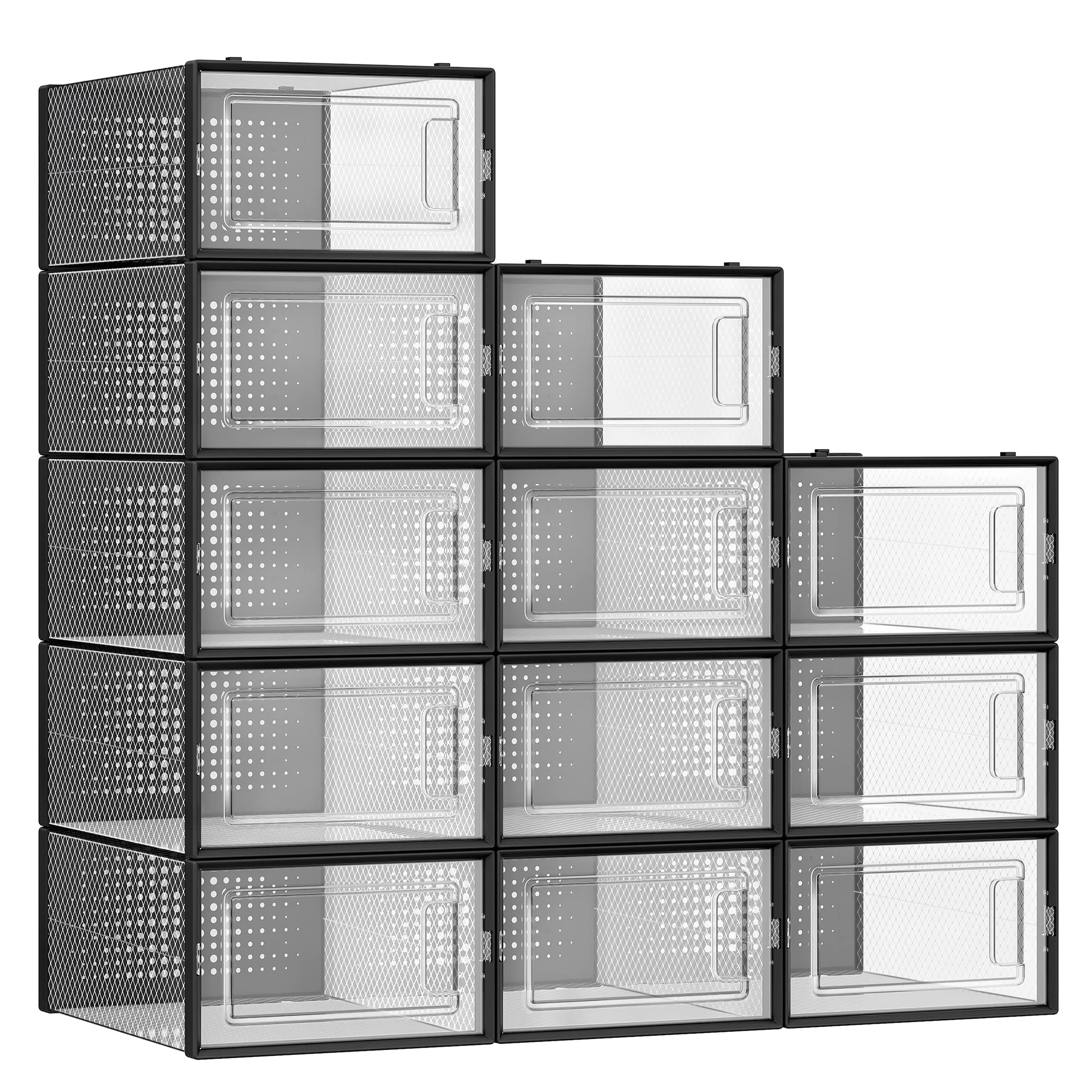 SONGMICS Shoe Boxes, Pack of 12 Shoe Storage Organizers, Stackable Clear Plastic Boxes for Closet, Sneakers, 13.1 x 9.1 x 5.6 Inches, Transparent and White ULSP12SWT