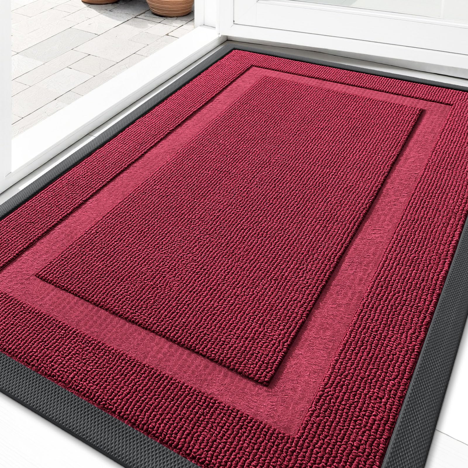 OLANLY Front Door Mat Indoor Outdoor Entrance, Waterproof All-Season, All-Weather Doormat, Sturdy Natural Rubber, Fade Resistant, Low Profile, Easy Clean Patio Porch Entryway Mat, 29.5x17, Black