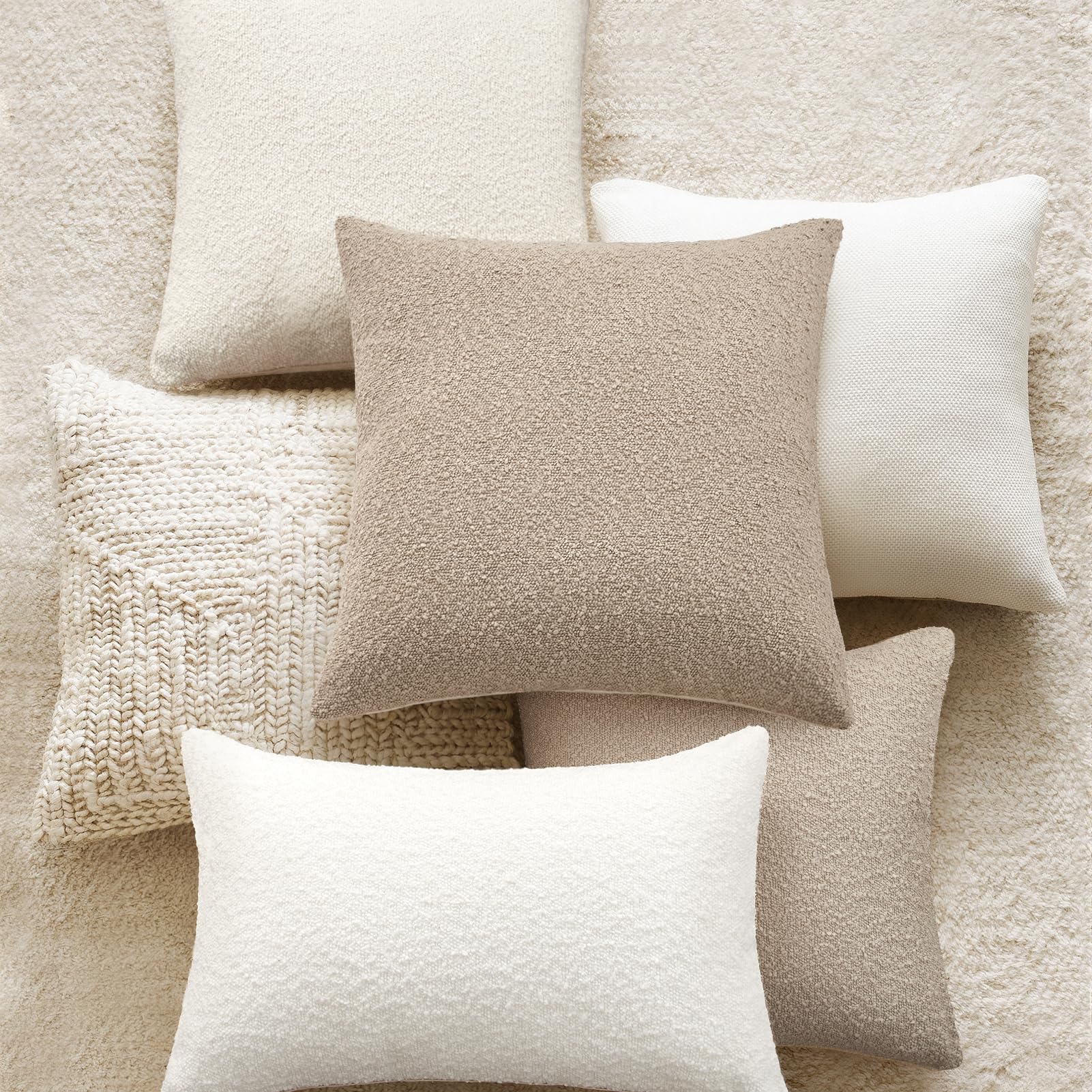 Topfinel Boucle Decorative Pillow Covers 18x18 Inches Set of 4 Neutral Cream Ivory White Pillowcase with Linen Cotton Back Chair Sofa Modern & Minimal Living Room Spring Home Decor