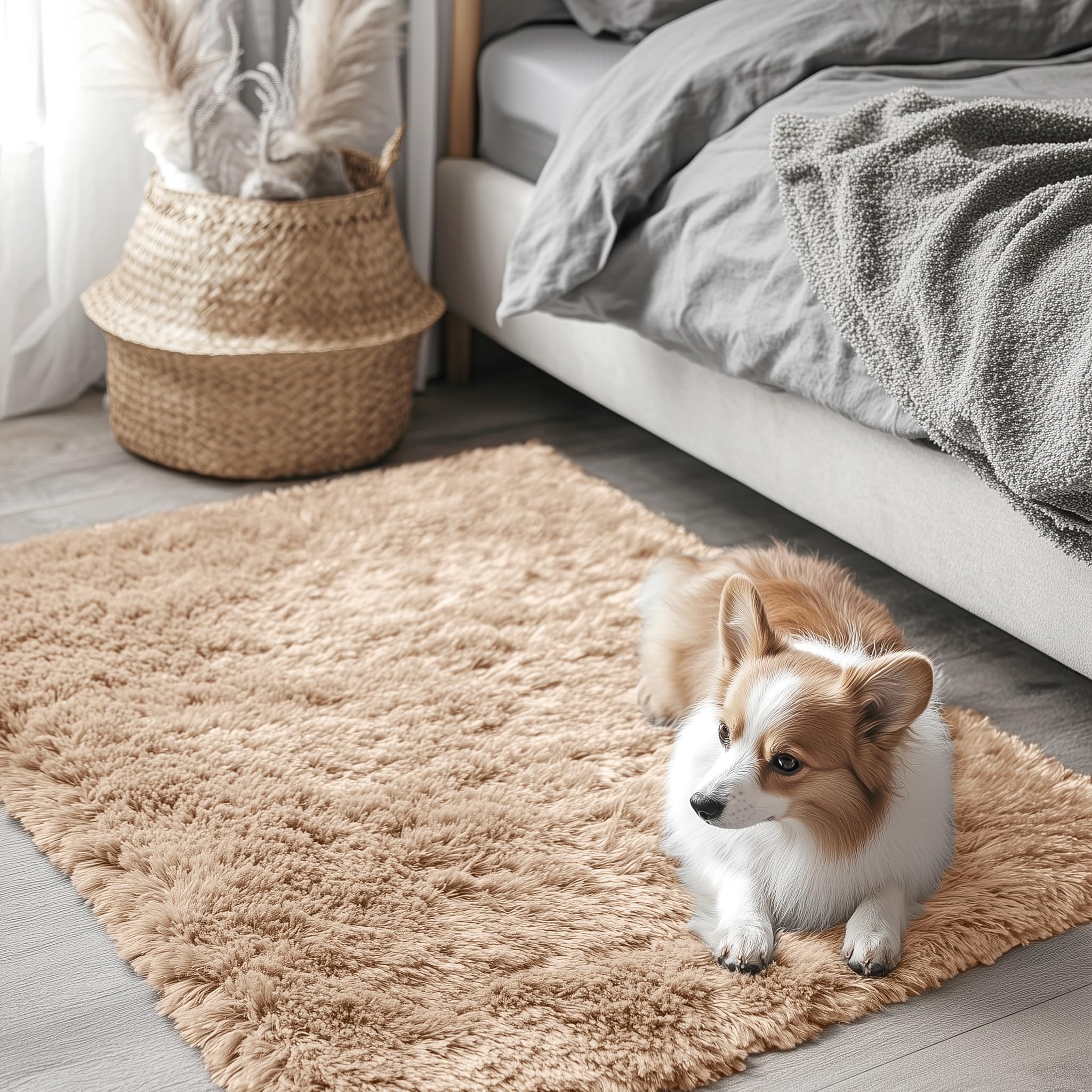 OLANLY Area Rugs for Living Room Bedroom, Machine Washable 4x5.9 ft Soft Fluffy Shaggy Bedside Rug, Indoor Floor Carpet for Kids Girls and Boys, Dorms, Nursery Rooms, Home Decor Aesthetic, Grey
