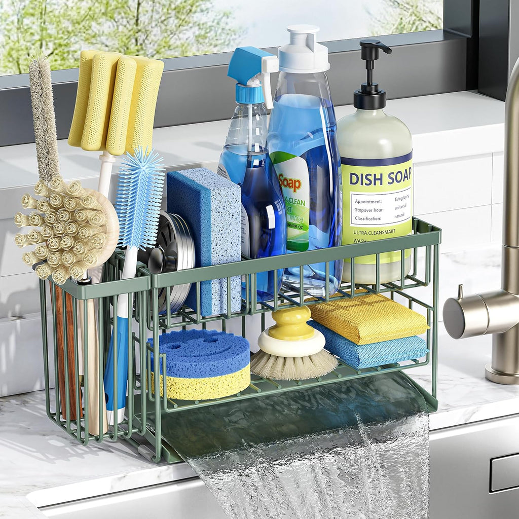Cisily Sage Green 2-Tier Kitchen Sink Caddy Organzier Rack with Flexible Dish Brush Holder, Sponge Holder for Kitchen Sink Countertop Organization Storage, Home Decor