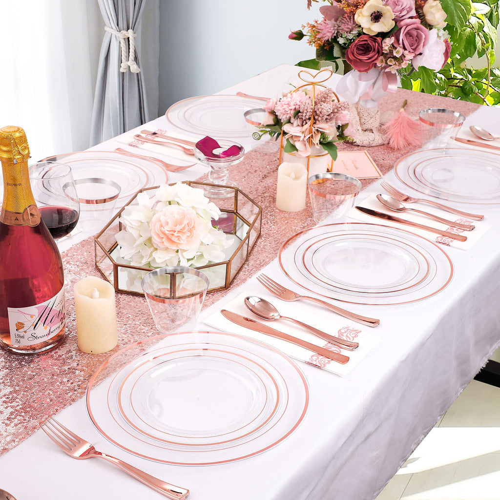 DaYammi 350PCS Gold Plastic Dinnerware Set for 50 Guests, Fancy Disposable Plates for Party, Include: 50 Dinner Plates, 50 Dessert Plates, 50 Pre Rolled Napkins with Gold Silverware, 50 Cups