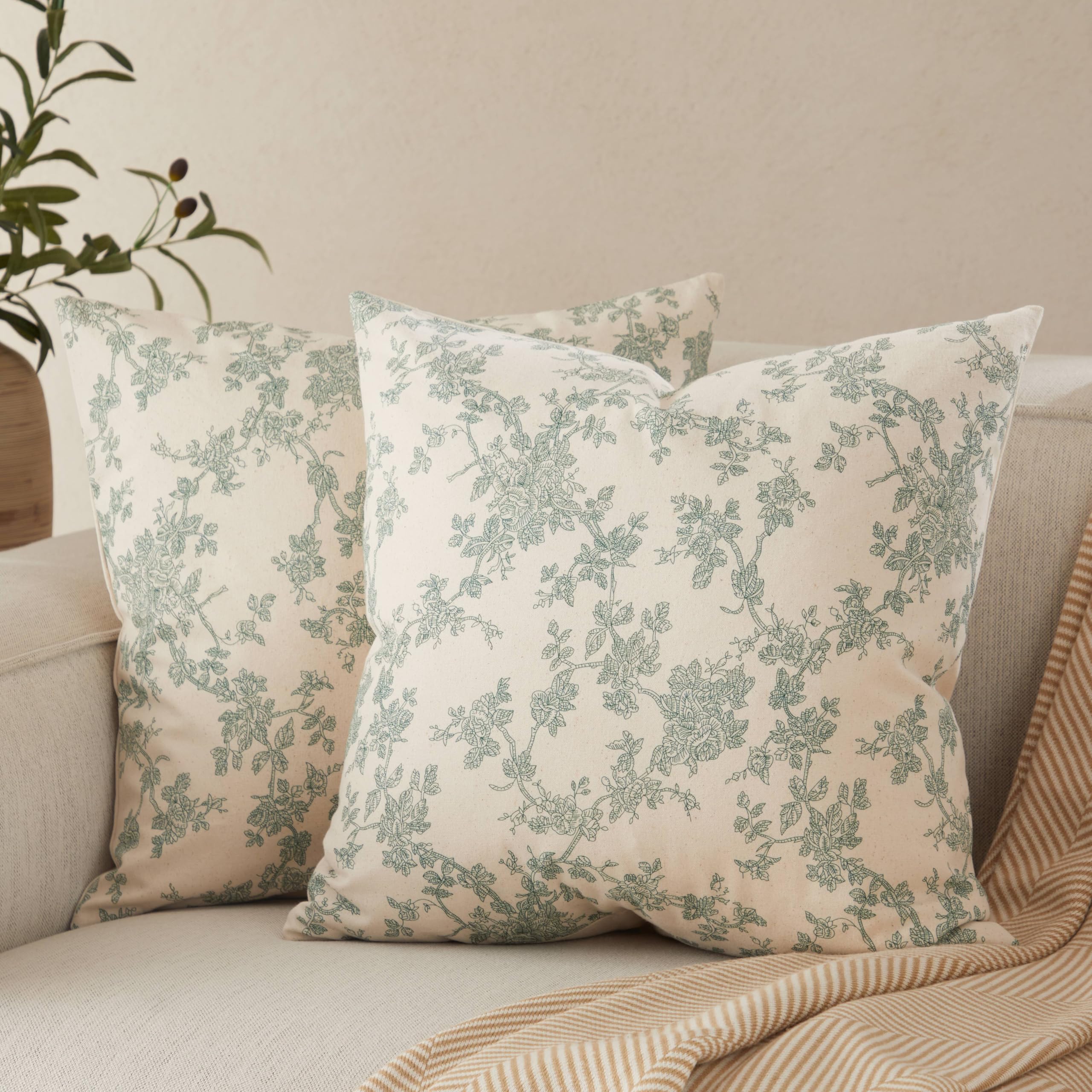 100% Cotton French Pastoral Throw Pillow Covers Set of 2, 18x18 Inch Blue Farmhouse Decorative Cushion Covers for Sofa Bed Living Room Home Decor