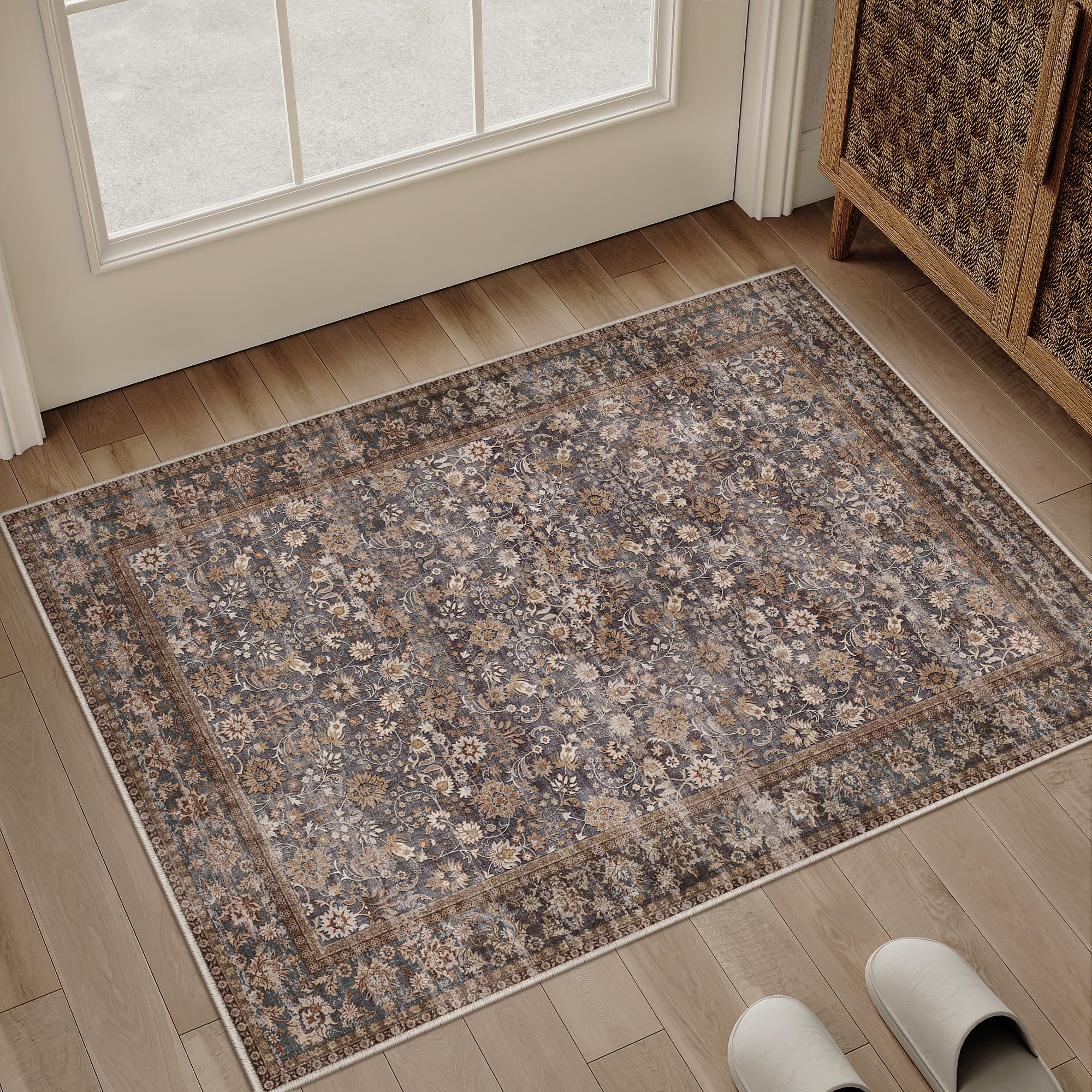 HUGEAR 5x7 Machine Washable Rugs Brown Hallway Area Rug Indoor Accent Rug Floral Low Pile Carpet Soft Throw Aesthetic Rug Bedroom Living Room Office Dining Room Kitchen Laundry Room Non Slip