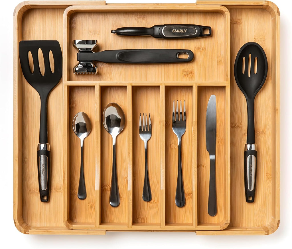SMIRLY Premium Kitchen Bundle: Silverware Drawer Organizer & Durable Bamboo Cutting Board - Home Organization and Food Preparation