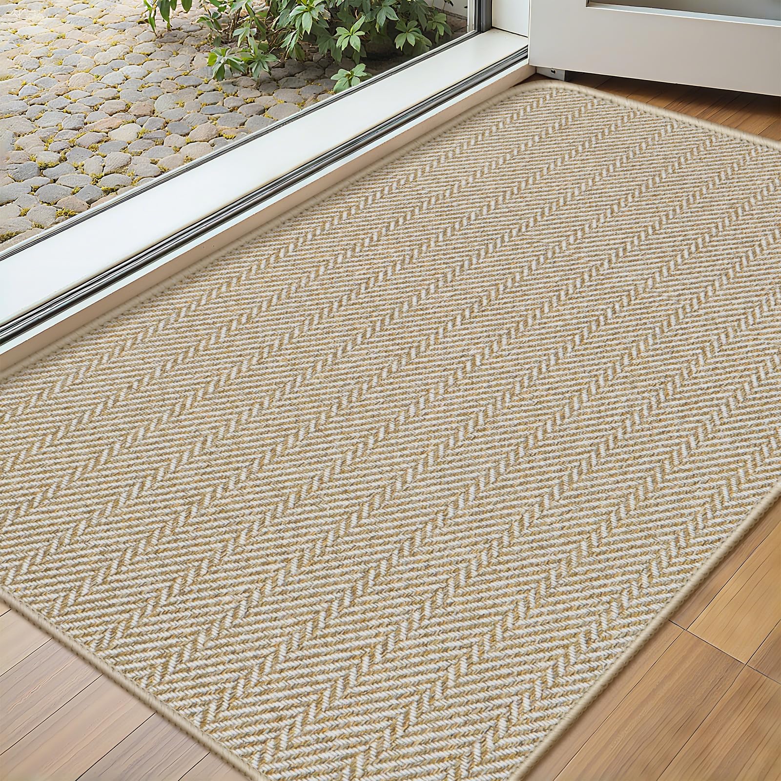 Ultra Thin Door Mat Indoor Entrance 17"x29", Low-Profile Indoor Door Mat, Non Slip Entry Mat Rubber Backing Unique Herringbone Design Inside Doormat Dirt Trapper Entryway Mats, Beige