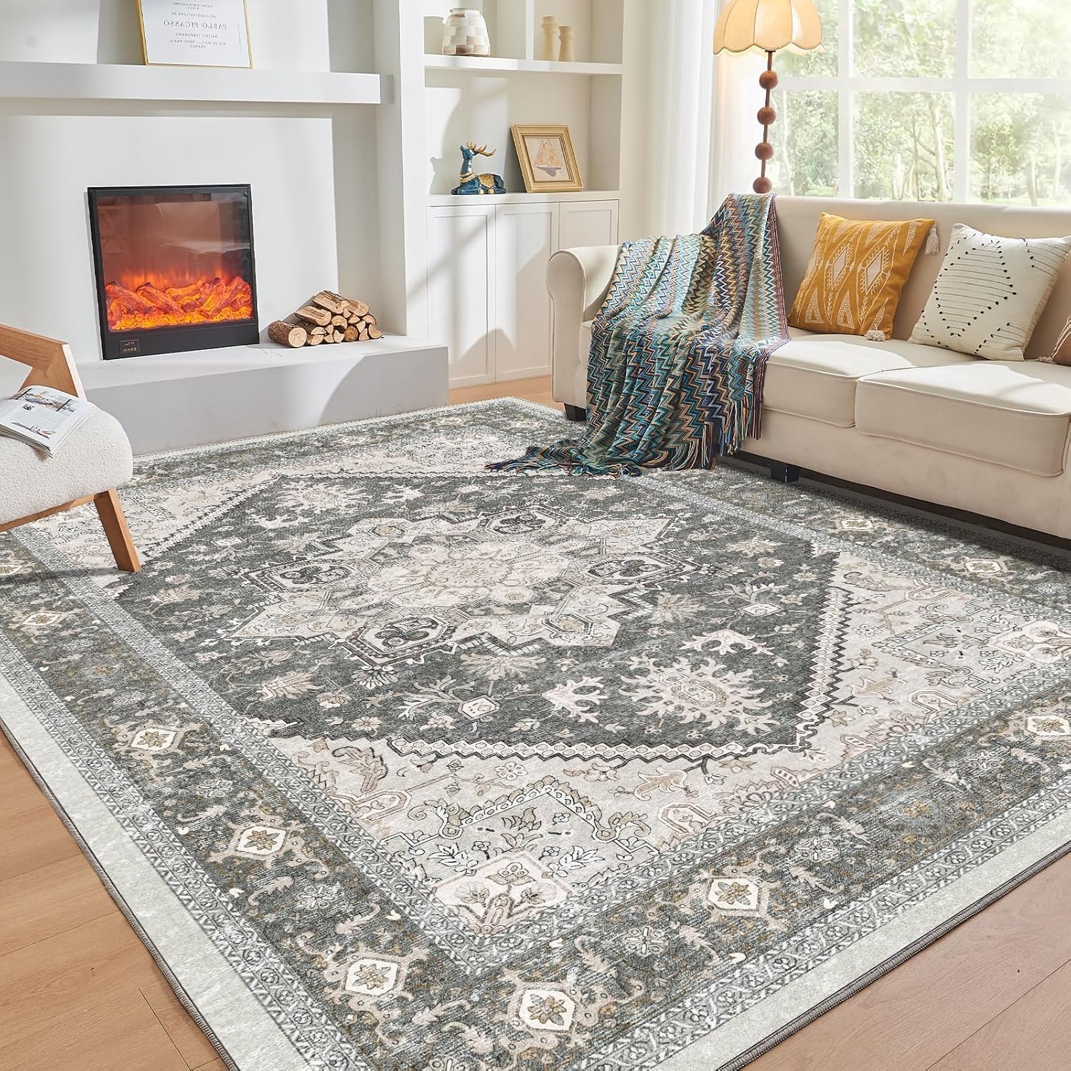 OPPODREAM Soft Area Rugs 5x7, 5x7 Washable Rug with Non Slip Backing, 5 x 7 Faux Cashmere Low-Pile Carpet, Brown