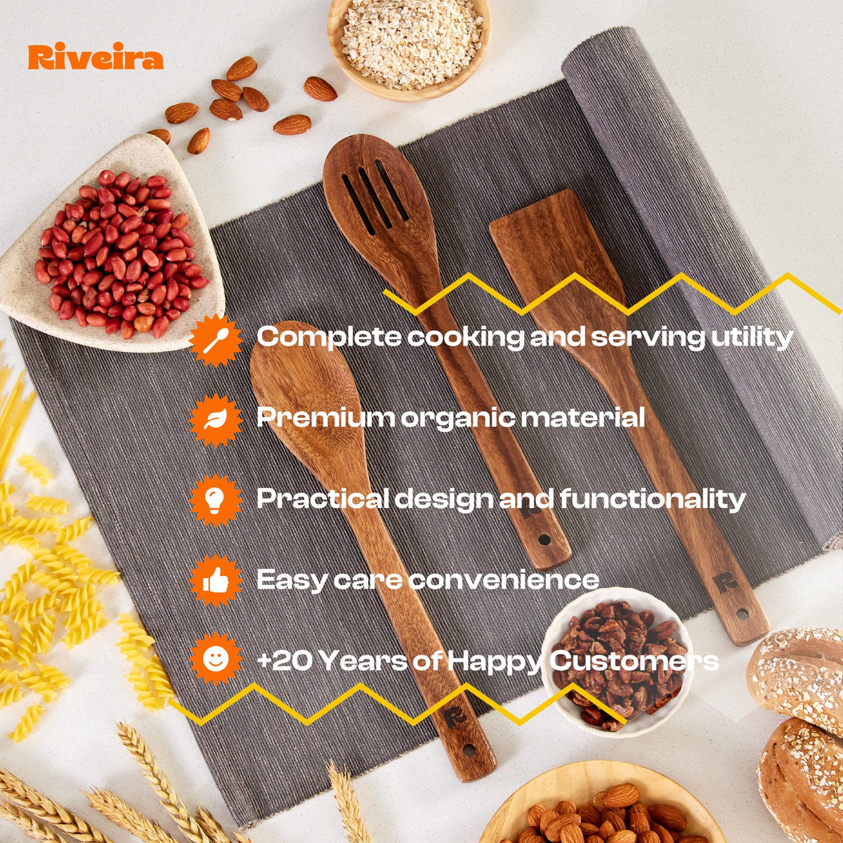Riveira Dark Bamboo Wooden Spoons for Cooking 6-Piece, Apartment Essentials Wood Spatula Spoon Nonstick Kitchen Utensil Set Premium Quality Housewarming Gifts for Everyday Use