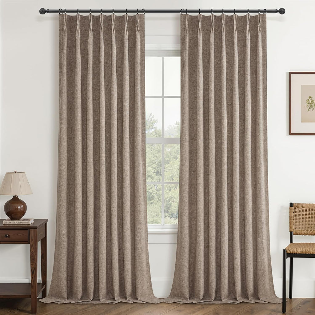 Natural Linen Pinch Pleated Blackout Curtains & Drapes 96 Inch Long Bedroom/Livingroom Farmhouse Curtains 2 Panel Sets, Neutral Track Room Darkening Thermal Insulated 8ft Back Tab Window Curtain