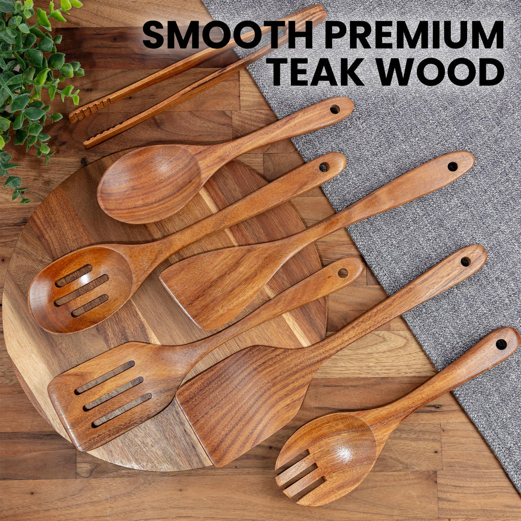 Zulay Kitchen 6 Piece Wooden Spoons for Cooking – Natural Teak Wooden Utensil Set, Easy to Clean, Durable, Smooth with Comfort Grip - Non Toxic Wooden Cooking Utensil Sets