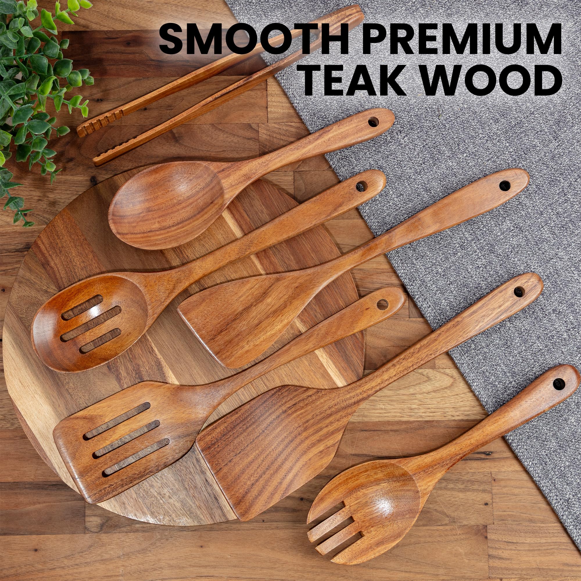 Zulay Kitchen 6 Piece Wooden Spoons for Cooking – Natural Teak Wooden Utensil Set, Easy to Clean, Durable, Smooth with Comfort Grip - Non Toxic Wooden Cooking Utensil Sets