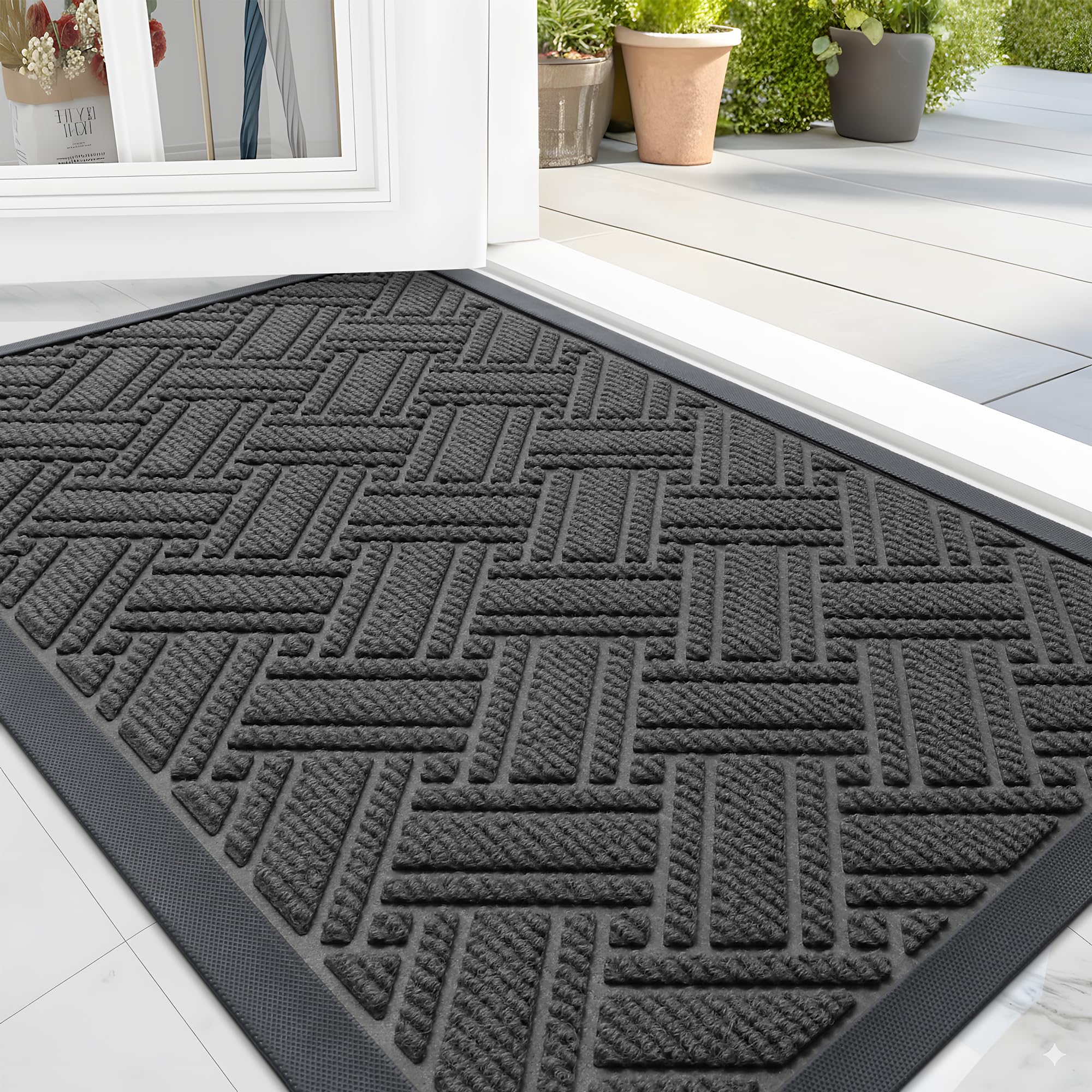 OLANLY Indoor Outdoor Mat, Sturdy Natural Rubber Floor Mat, Non Slip Low Profile Waterproof Doormat, and Stain Front Door Mats, Easy Clean Patio Entrance Mat, 30''x17'', Black