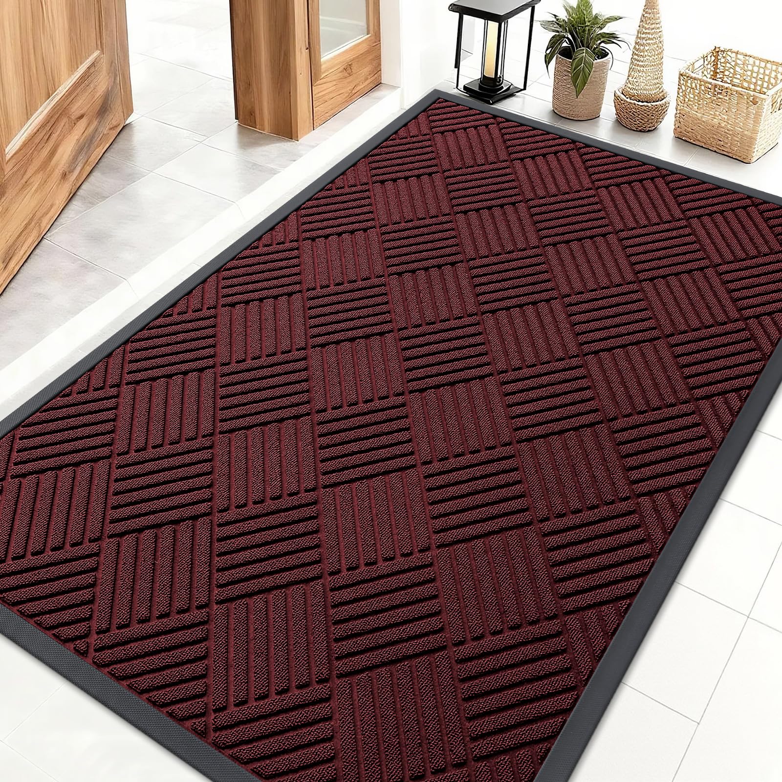OLANLY Front Door Mat Outside Entrance 29.5x17, Absorbent, Heavy Duty Sturdy Natural Rubber Doormat Indoor Outdoor, Stain and Fade Resistant, Non-Slip Low Profile Floor Mat for Entryway, Grey Diamond
