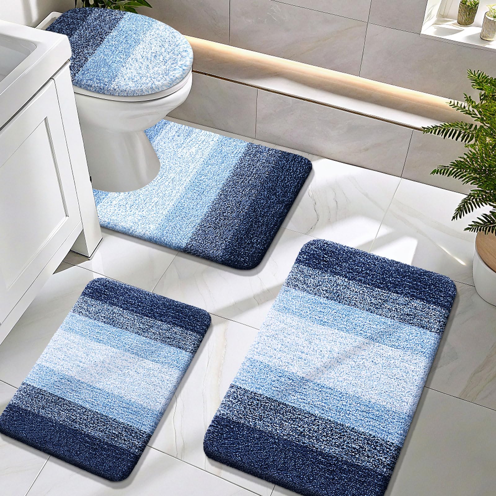 OLANLY Bathroom Rugs Sets 4 piece, Soft Microfiber Absorbent Bath Mat, U-Shaped Contour Toilet Mat and Toilet Lid Cover, Quick Dry, Machine Washable, Toilet Cover and Rug Set for Bathroom, Grey