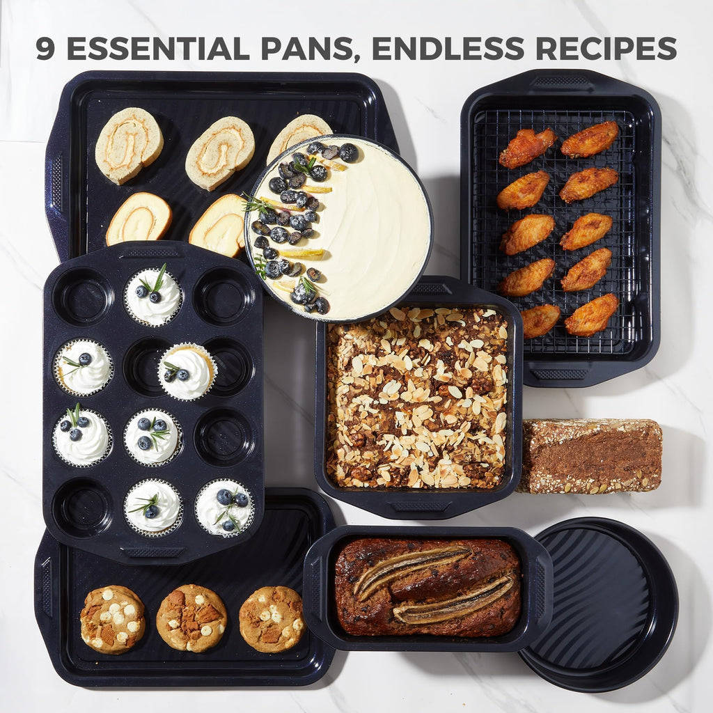 HONGBAKE 9-Piece Non Stick Baking Pans Set with Wave Texture for Reduced Oil, 0.8mm Thick Non Toxic Bakeware Sets, Includes Stackable Cookie Sheets for Oven Cooking, Cake Pan, Muffin Pan, Gold