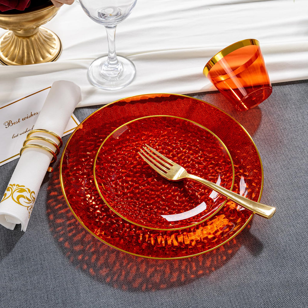 DaYammi 350PCS Clear Gold Plastic Dinnerware Set for 50 Guests, Hammered Disposable Plates for Party, Include: 50 Dinner Plates, 50 Dessert Plates, 150 Gold Silverware, 50 Napkins, 50 Cups