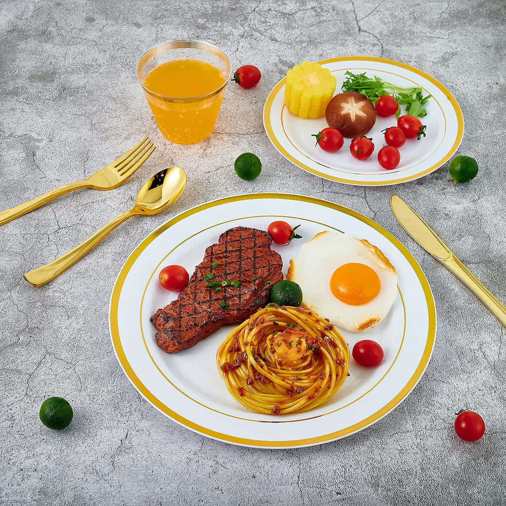 Vplus 600 Count Gold Dinnerware Set, 200 Plastic Plates, Set of 300 Silverware, 100 Cups, Disposable Gold Plastic Dinnerware for Party or Wedding