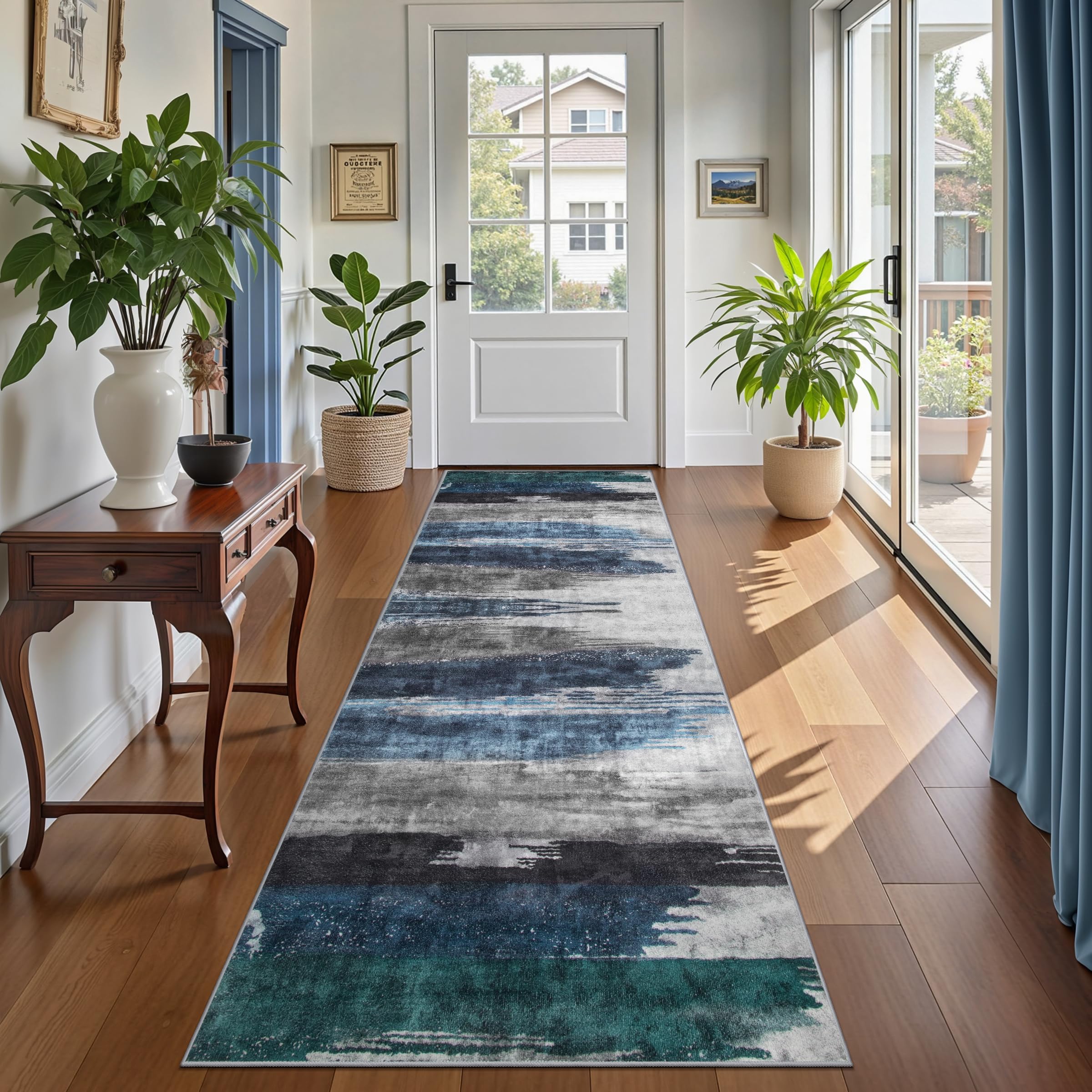 Ciicool Modern Abstract Area Rug 2x3 Washable Small Entryway Rug, Non-Slip Low Pile Throw Rug, Foldable Kitchen Bathroom Rugs, Blue Grey Floor Carpet for Entrance Living Room Bedroom Indoor Doormat