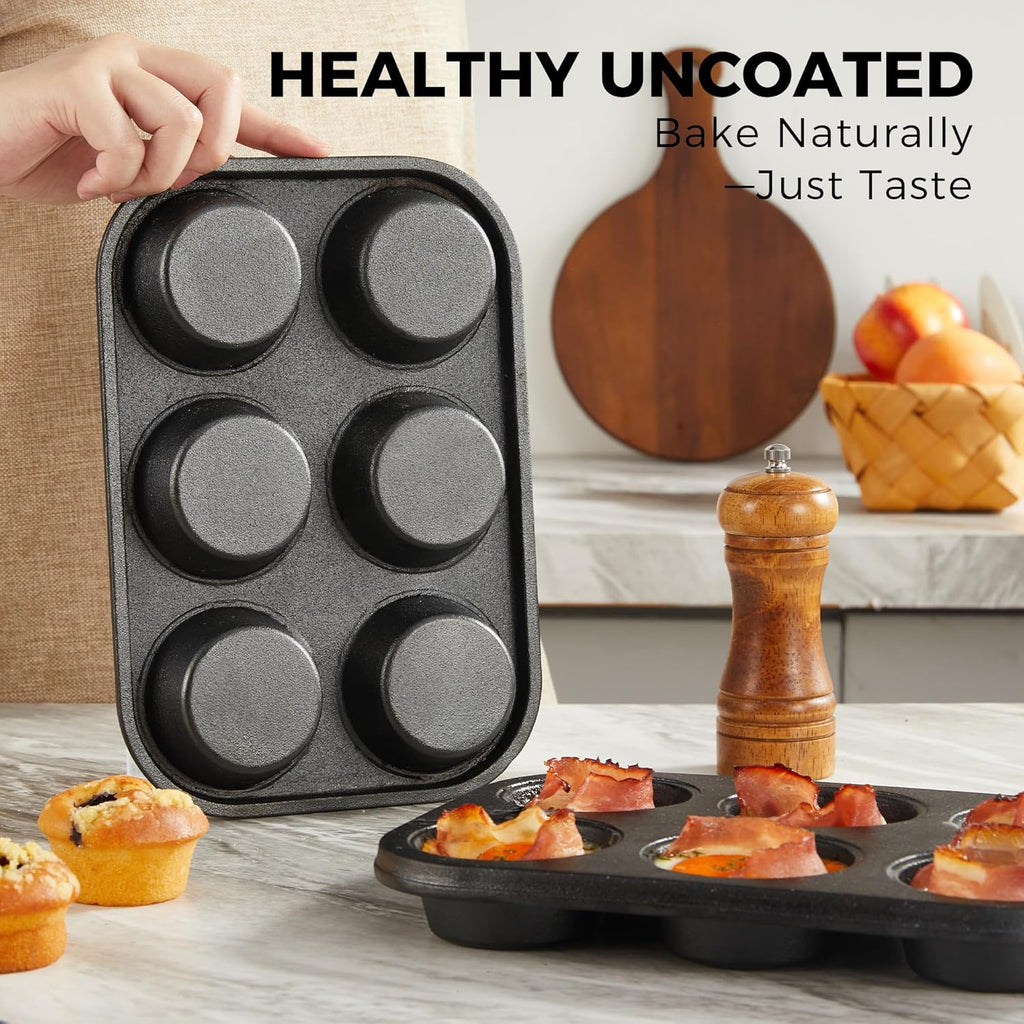 HONGBAKE Cast Iron Muffin Pan, Natural Uncoated Pre-Seasoned Muffin Tin, Nonstick Cupcake Pans for Baking, Stovetop & Oven Safe, Standard Size 6-Cup