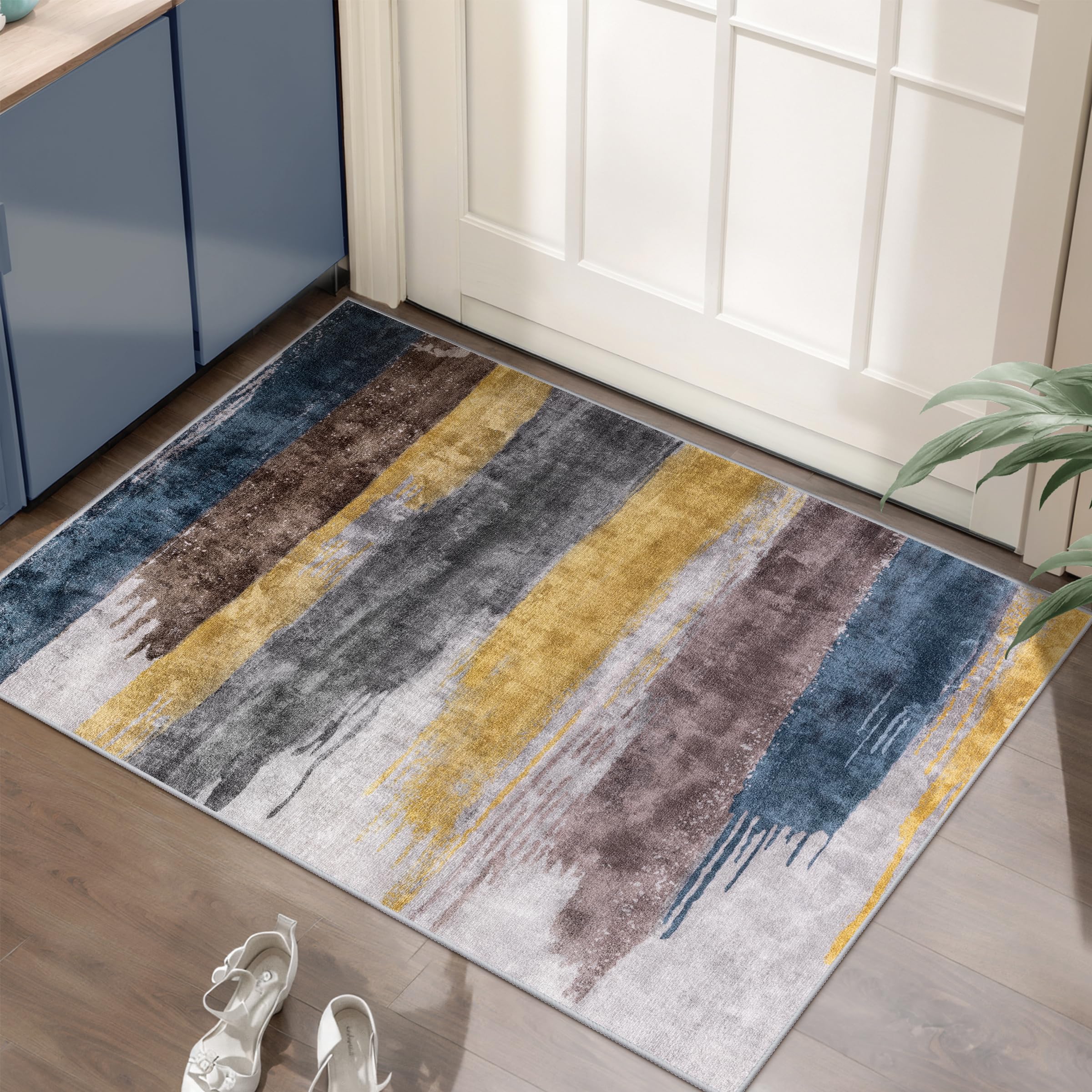 Ciicool Modern Abstract Area Rug 2x3 Washable Small Entryway Rug, Non-Slip Low Pile Throw Rug, Foldable Kitchen Bathroom Rugs, Blue Grey Floor Carpet for Entrance Living Room Bedroom Indoor Doormat