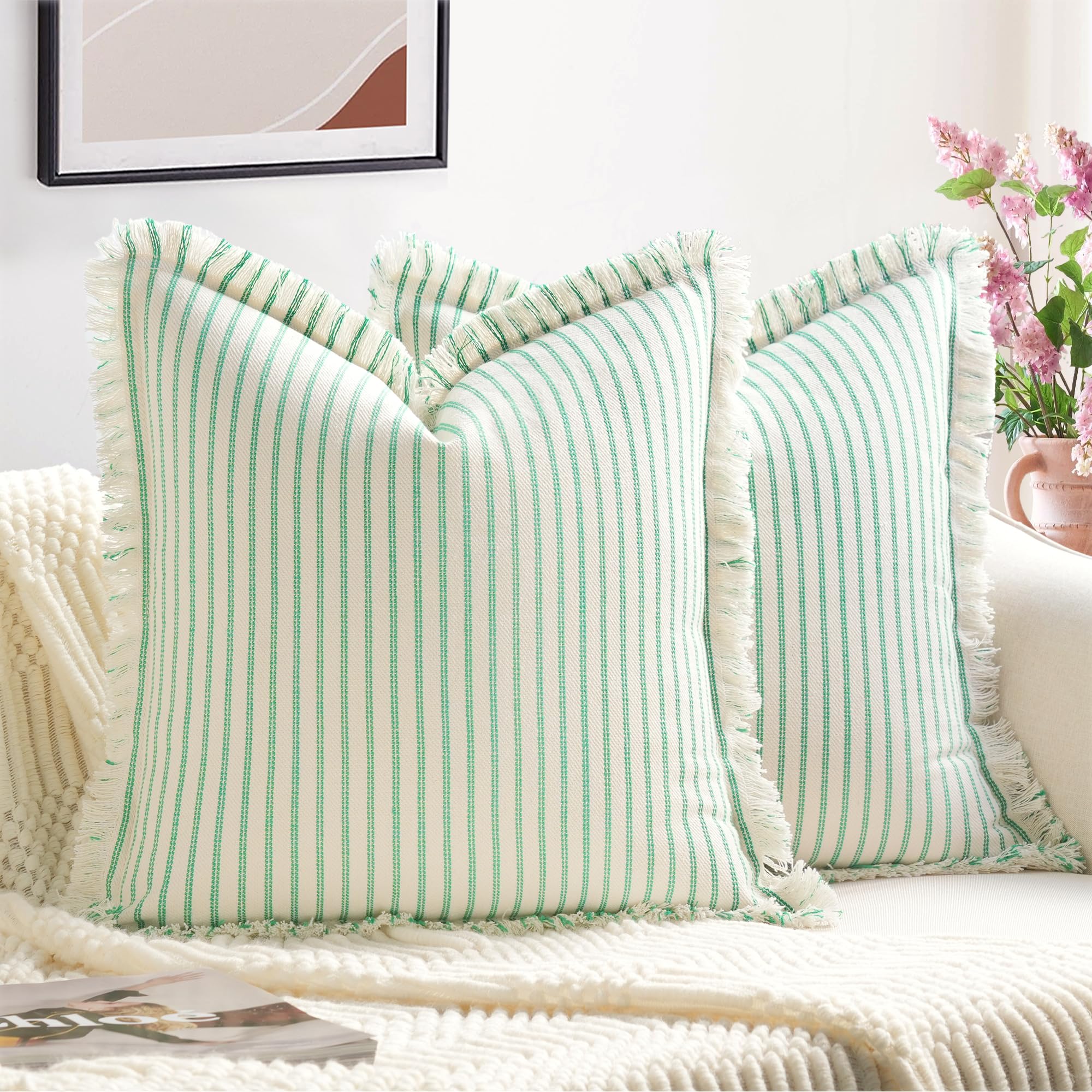 ZWJD Throw Pillow Covers 20x20 Set of 2 Striped Pillow Covers with Fringe Chic Cotton Decorative Pillows Square Cushion Covers for Sofa Couch Bed Living Room Farmhouse Decor, (Gray)