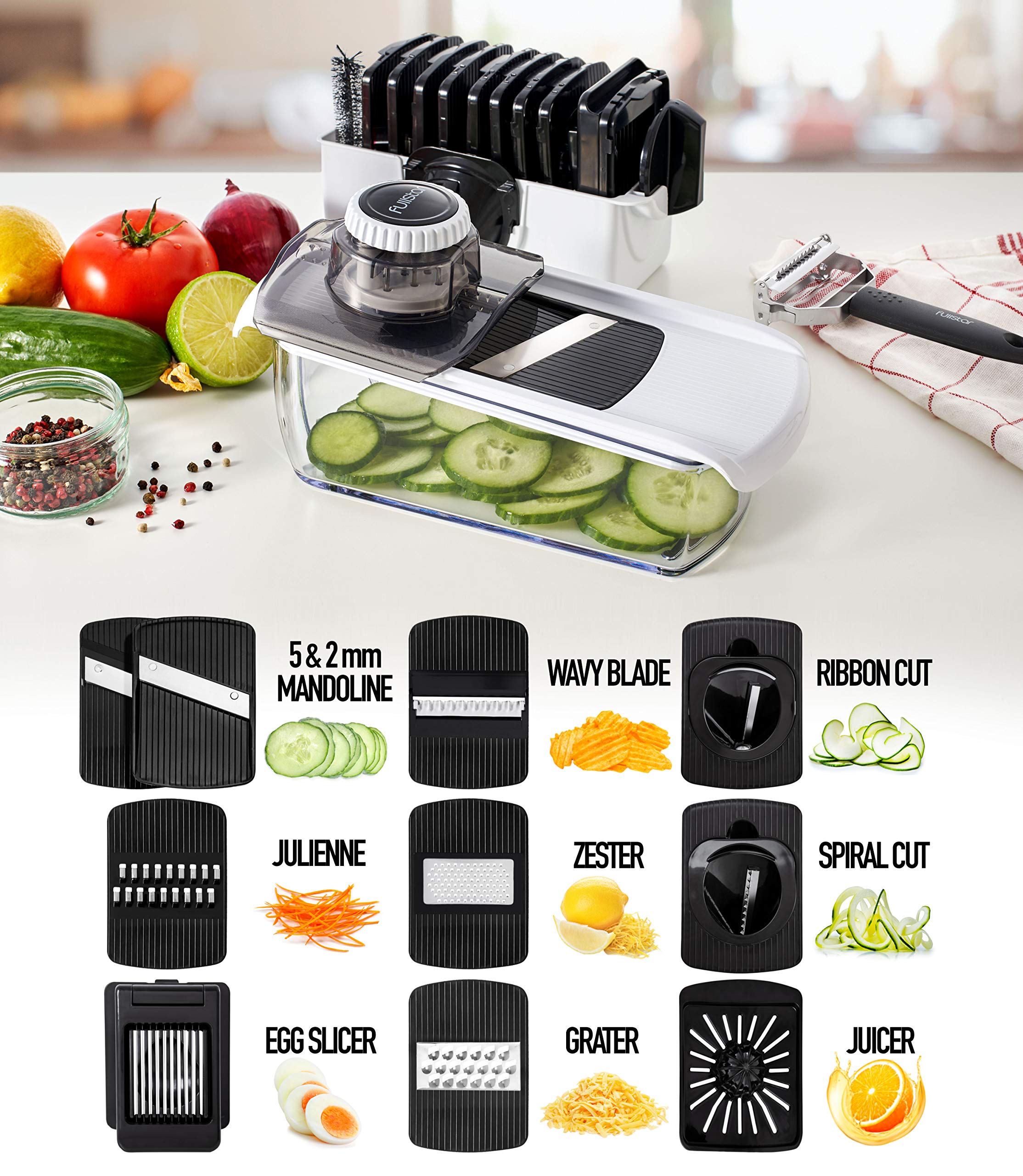 Fullstar Mandoline Slicer for Kitchen, Fruit Cutter, Cheese Grater, Cucumber Slicer, Veggie Spiralizer, Food Cutter & Kitchen Gadgets & Gifts with Safety Glove (6 in 1, White)