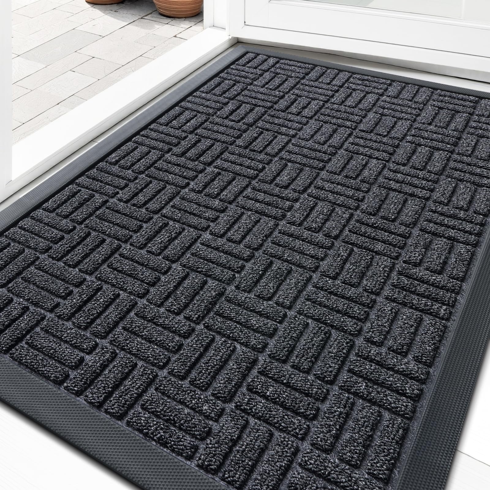 OLANLY Front Door Mat Outside Entrance 29.5x17, Absorbent, Heavy Duty Sturdy Natural Rubber Doormat Indoor Outdoor, Stain and Fade Resistant, Non-Slip Backing Low Profile Floor Mat for Entryway, Grey