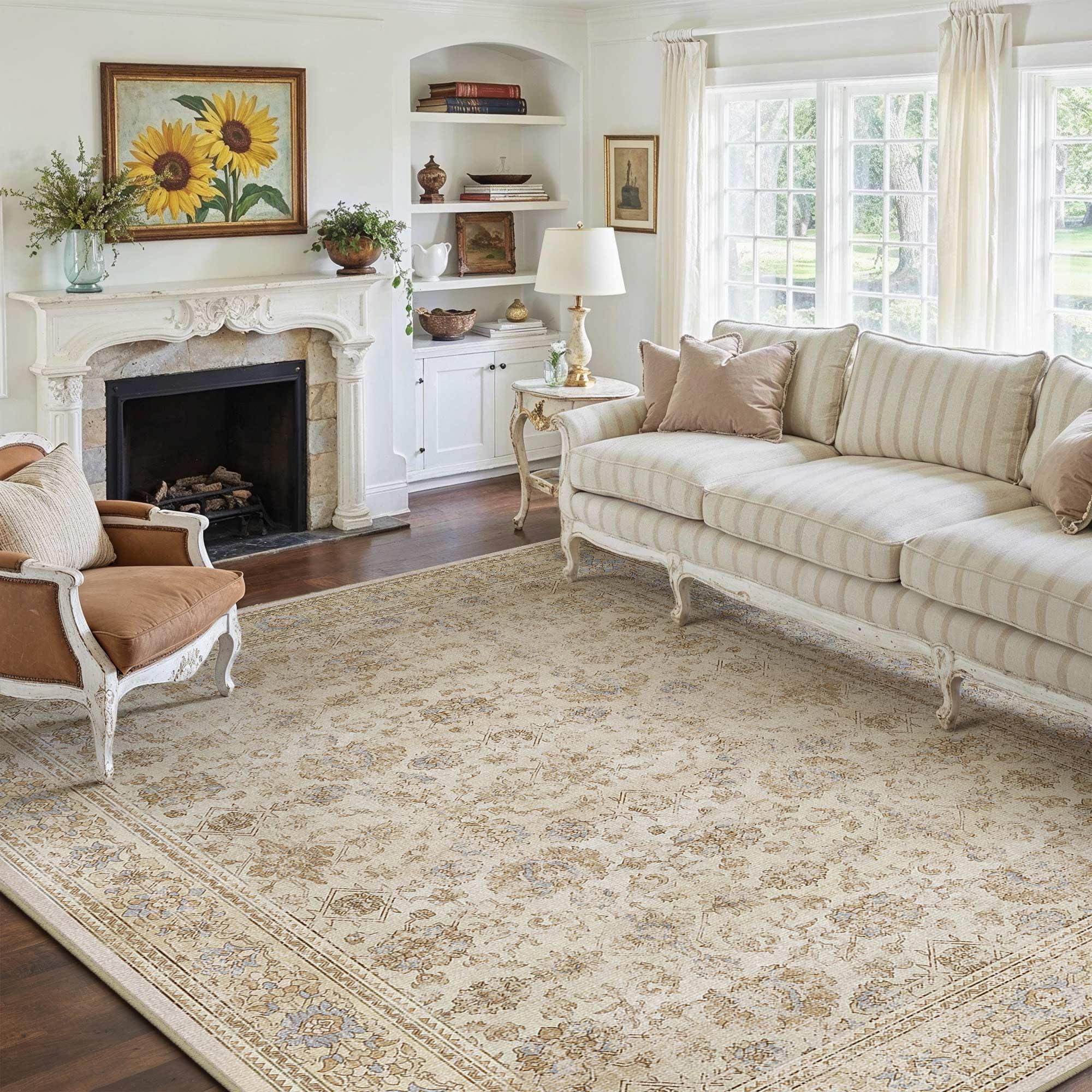 HUGEAR 5x7 Machine Washable Rugs Brown Hallway Area Rug Indoor Accent Rug Floral Low Pile Carpet Soft Throw Aesthetic Rug Bedroom Living Room Office Dining Room Kitchen Laundry Room Non Slip