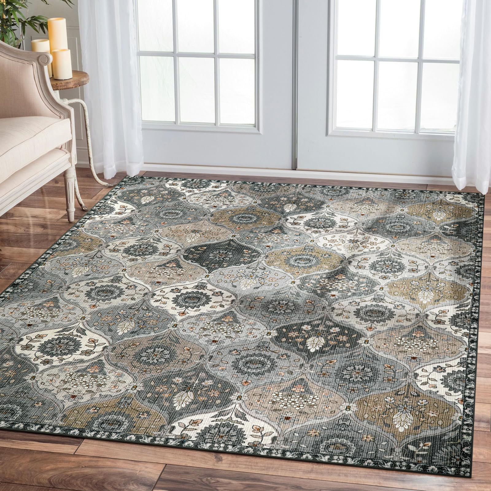 Lahome Moroccan Trellis Washable Rug, 2x3 Kitchen Rugs for Entryway Bathroom, Non-Slip Indoor Door Mat Ultra-Thin, Small Oriental Throw Carpet for Bedroom Entry Elise, Cream/Multi