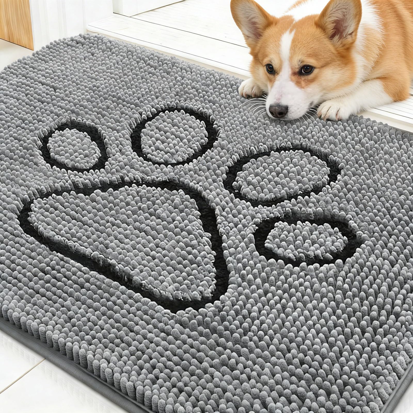 OLANLY Dog Door Mat for Muddy Paws 30x20, Absorbs Moisture and Dirt, Absorbent Non-Slip Washable Doormat, Quick Dry Chenille Mud Mat for Dogs, Entry Indoor Entryway Carpet for Inside Floor, Grey