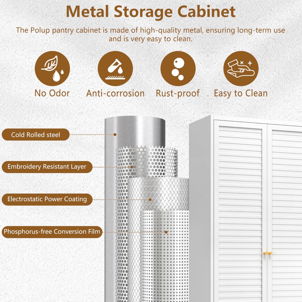 Polup White Kitchen Pantry Cabinet, 71 Inch Tall Metal Storage Cabinet with Doors and Shelves, Pantry Cabinets for Kitchen Storage, Freestanding Cupboard for Living, Dining Room, Assemble Required