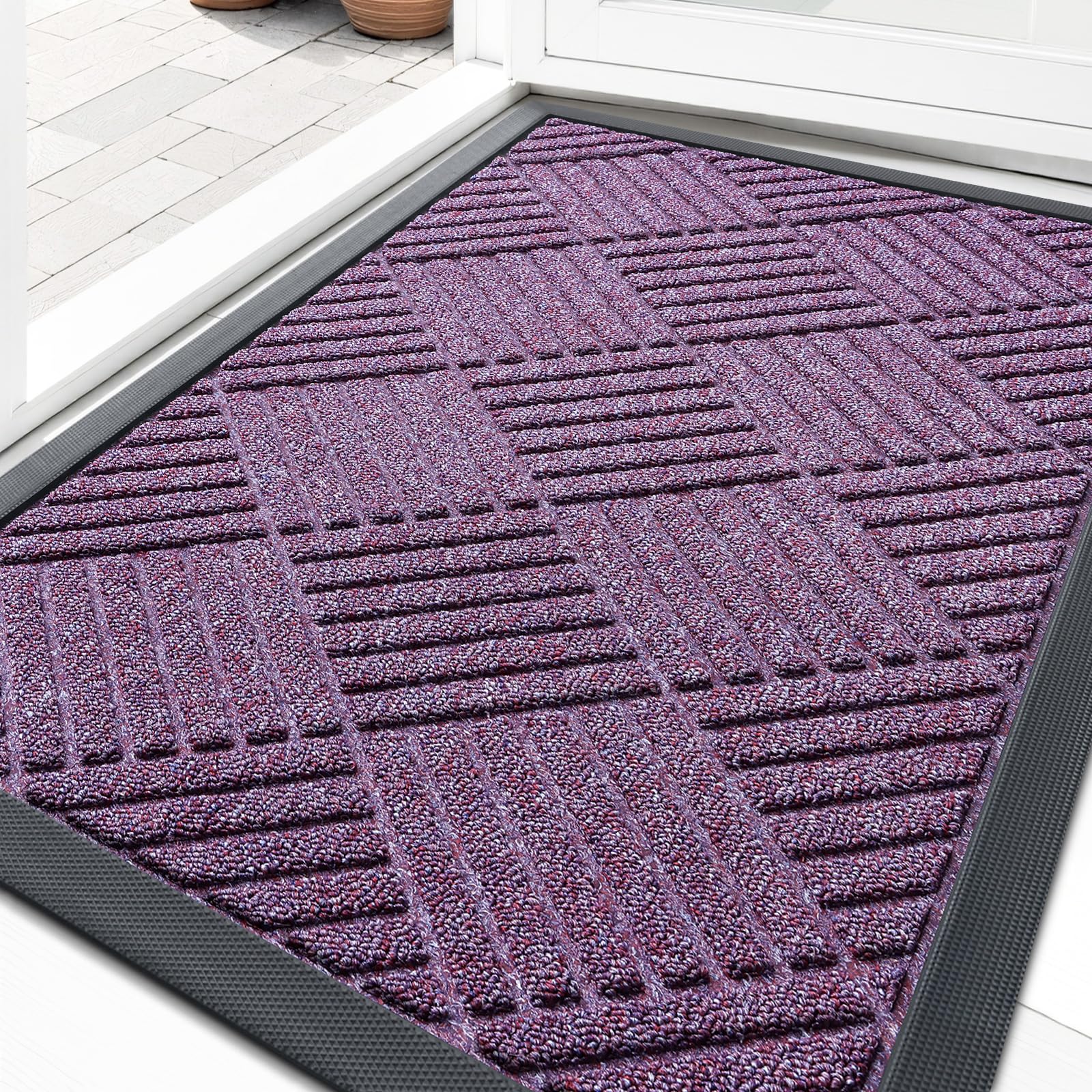 OLANLY Front Door Mat Outside Entrance 29.5x17, Absorbent, Heavy Duty Sturdy Natural Rubber Doormat Indoor Outdoor, Stain and Fade Resistant, Non-Slip Low Profile Floor Mat for Entryway, Grey Diamond