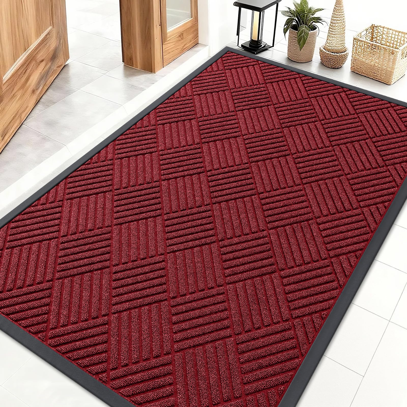 OLANLY Front Door Mat Outside Entrance 29.5x17, Absorbent, Heavy Duty Sturdy Natural Rubber Doormat Indoor Outdoor, Stain and Fade Resistant, Non-Slip Low Profile Floor Mat for Entryway, Grey Diamond