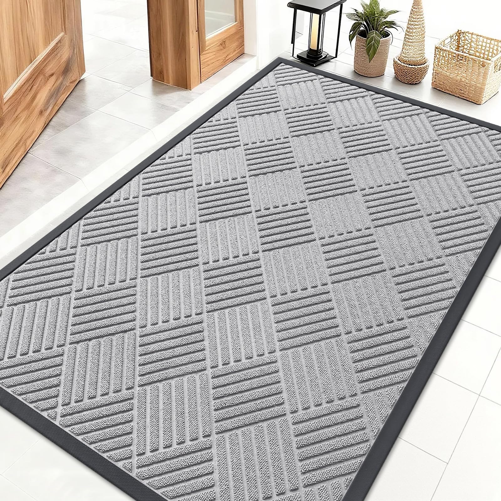 OLANLY Front Door Mat Outside Entrance 29.5x17, Absorbent, Heavy Duty Sturdy Natural Rubber Doormat Indoor Outdoor, Stain and Fade Resistant, Non-Slip Low Profile Floor Mat for Entryway, Grey Diamond