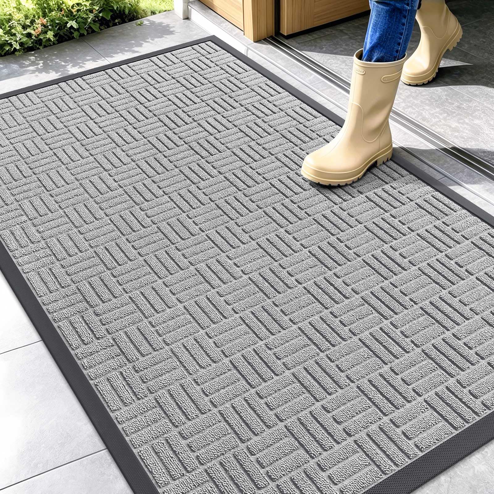 OLANLY Front Door Mat Outside Entrance 29.5x17, Absorbent, Heavy Duty Sturdy Natural Rubber Doormat Indoor Outdoor, Stain and Fade Resistant, Non-Slip Backing Low Profile Floor Mat for Entryway, Grey