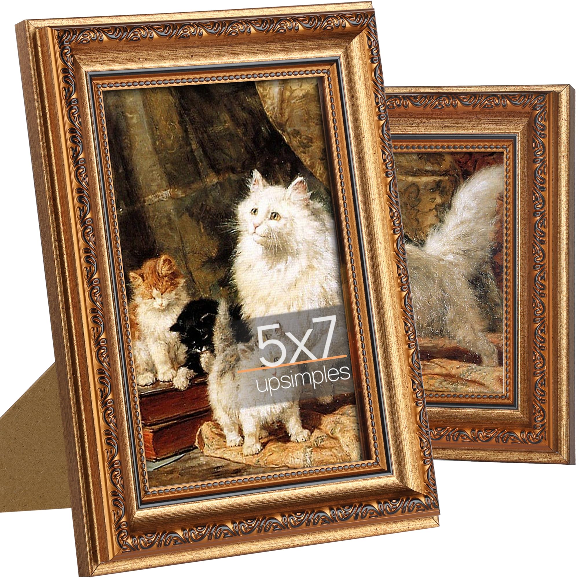 upsimples 5x7 Picture Frame with Real Glass, Ornate Vintage 5 x 7 Photo Frames for Wall Decor or Tabletop Display, Gold, 2 Pack